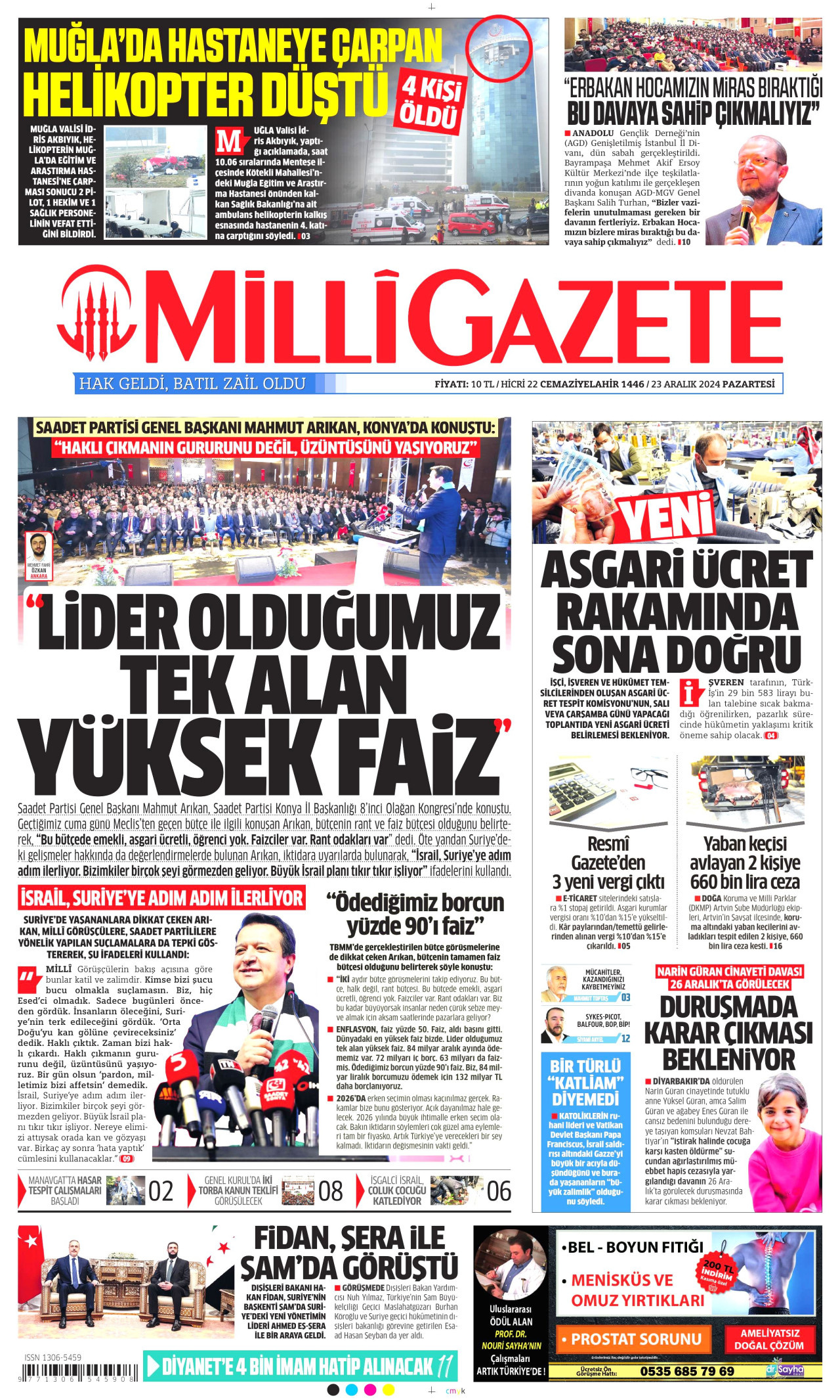 MİLLİ GAZETE gazetesinin 23 Aralık 2024 tarihli birinci sayfası