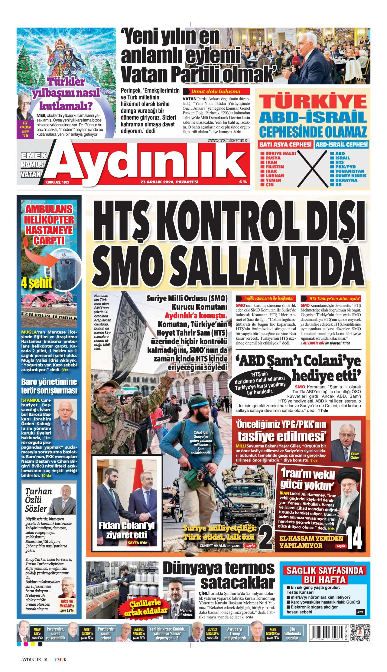 AYDINLIK GAZETESİ gazetesinin 23 Aralık 2024 tarihli birinci sayfası
