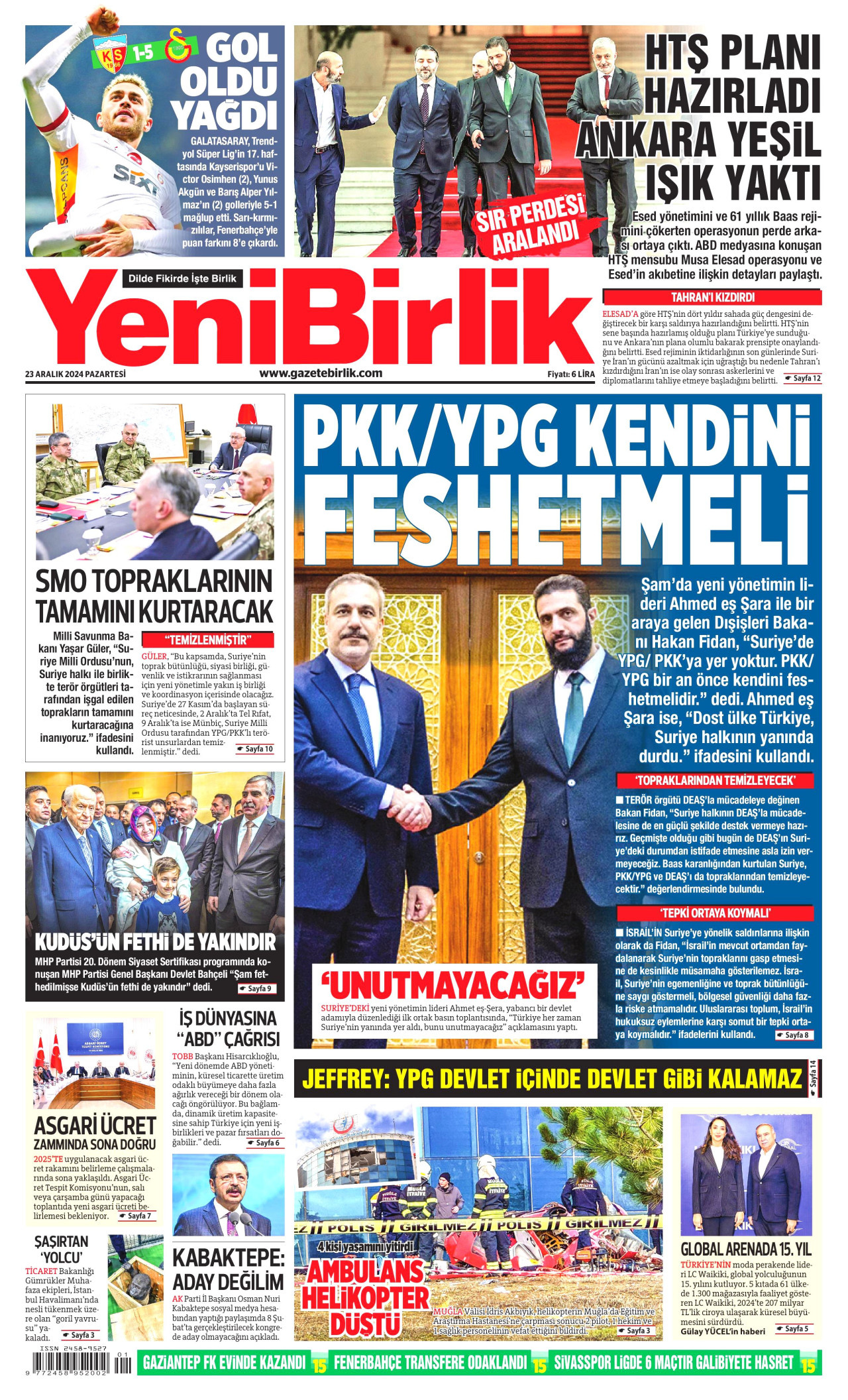 YENİBİRLİK gazetesinin 23 Aralık 2024 tarihli birinci sayfası