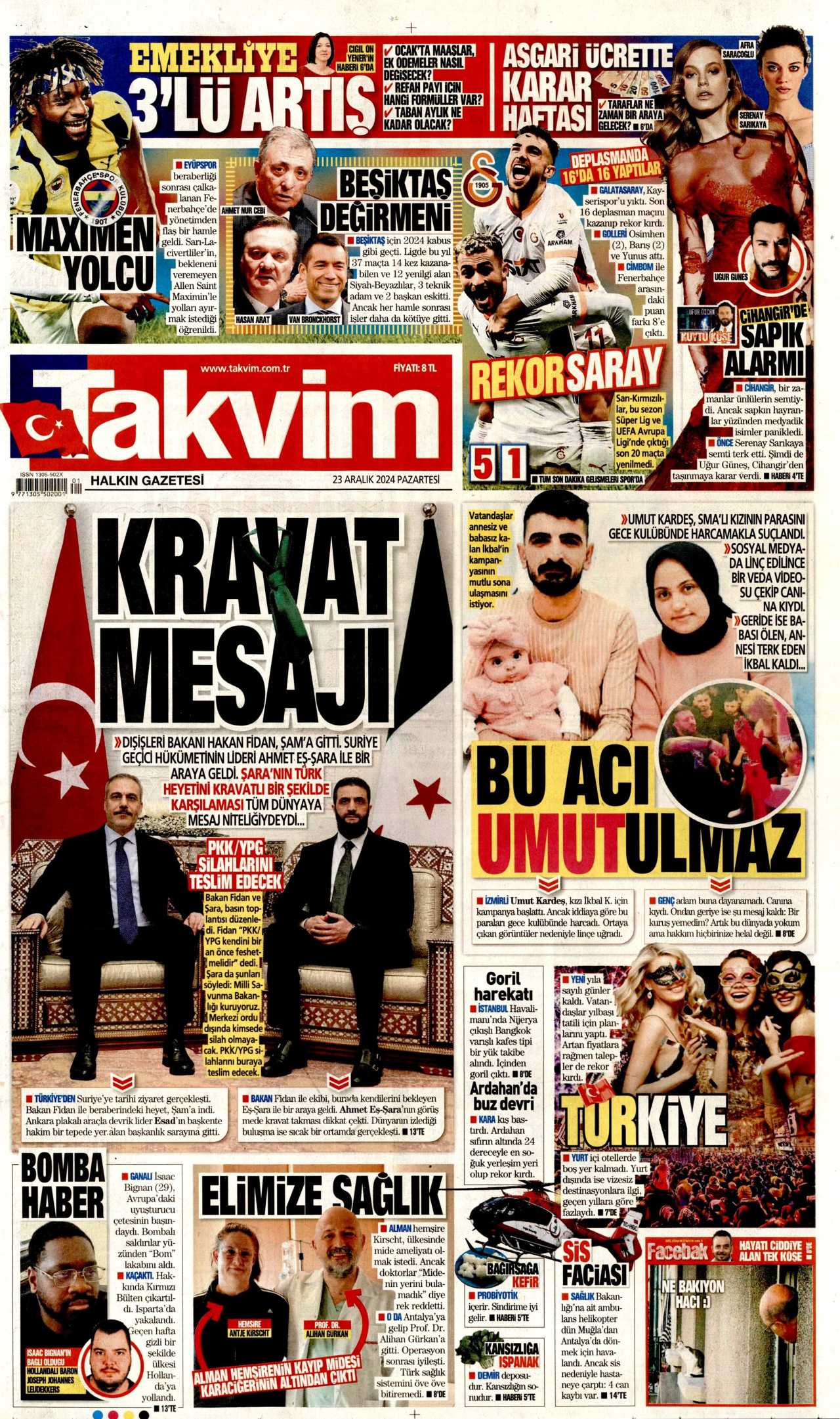 TAKVİM gazetesinin 23 Aralık 2024 tarihli birinci sayfası