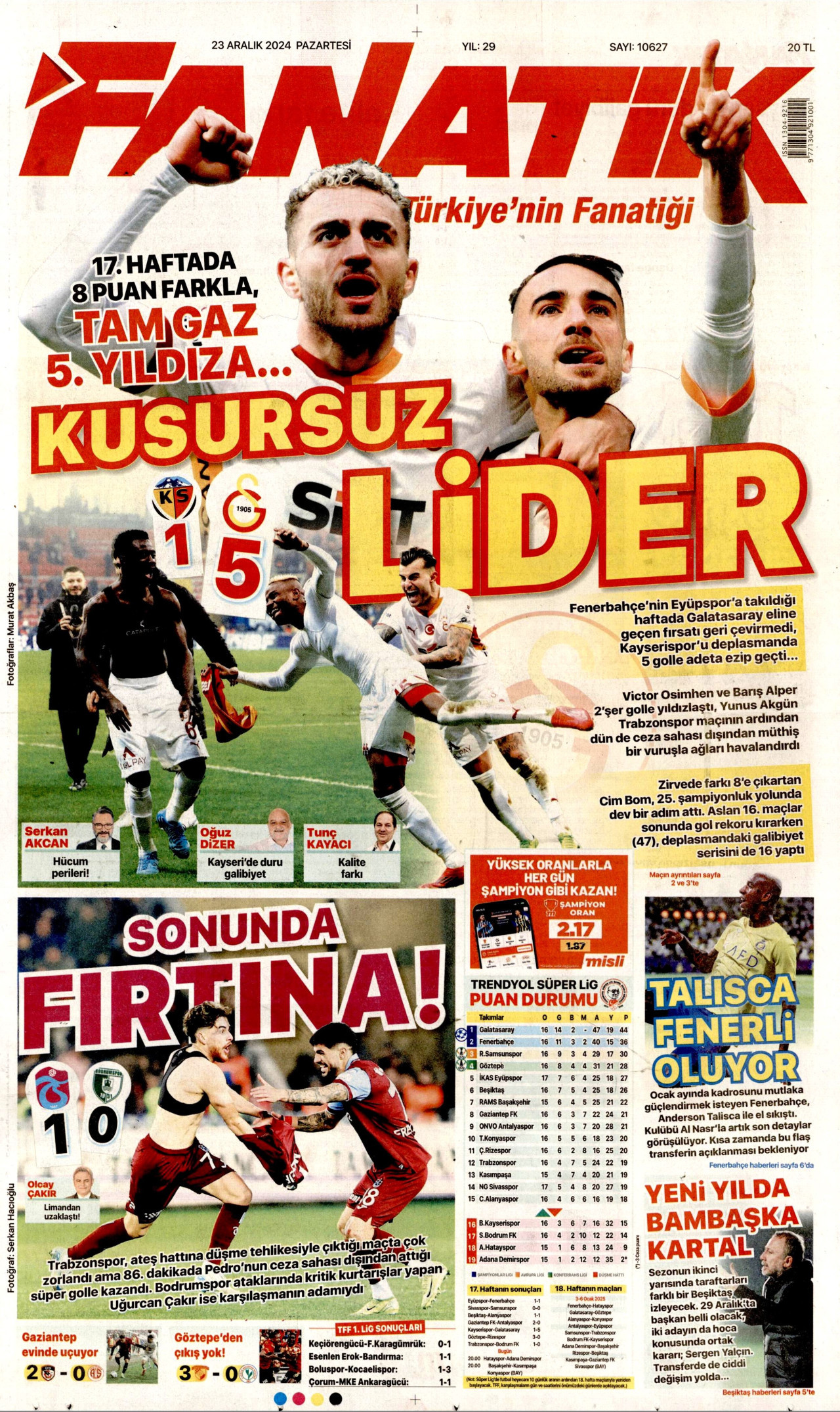 FANATİK gazetesinin 23 Aralık 2024 tarihli birinci sayfası