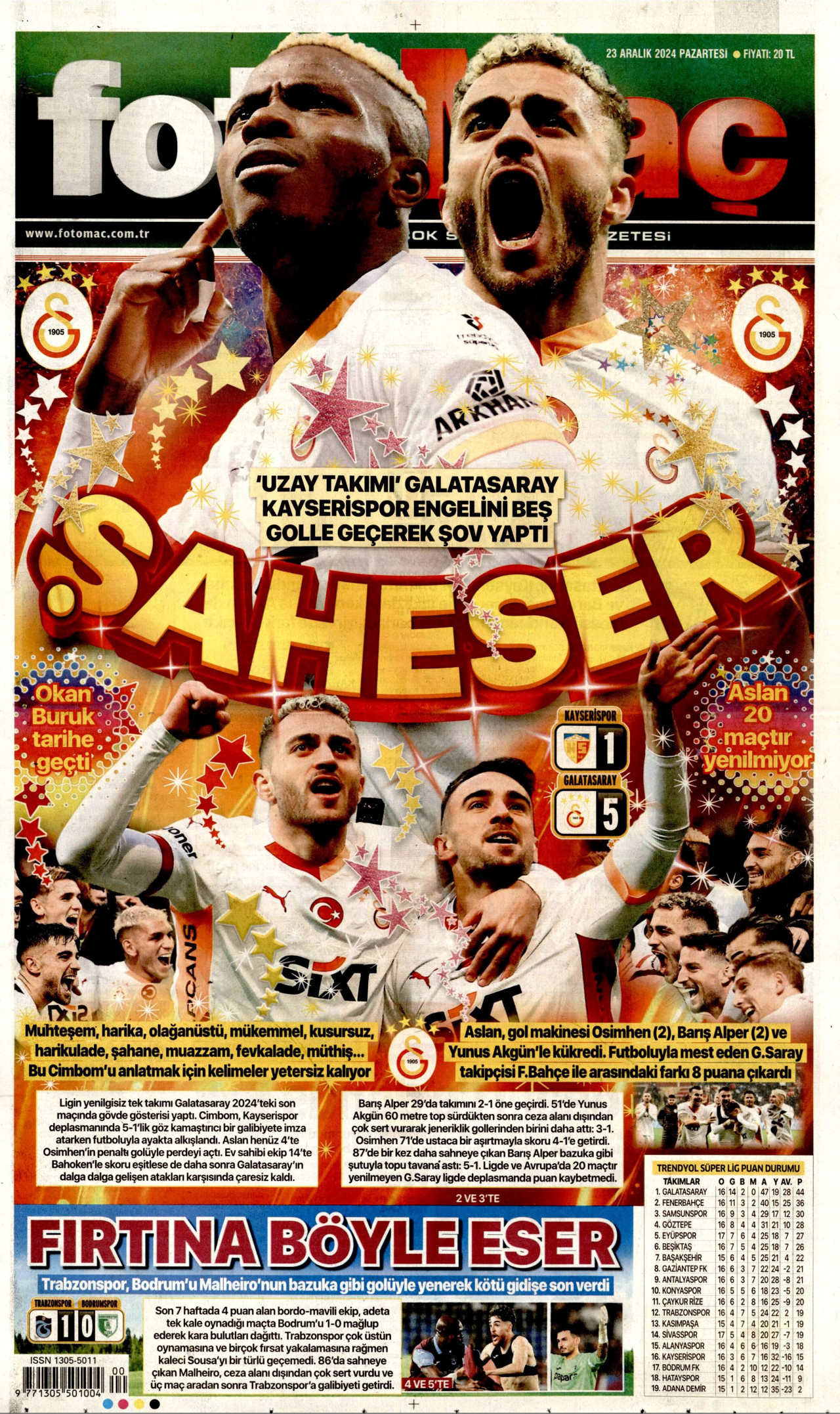 FOTOMAÇ gazetesinin 23 Aralık 2024 tarihli birinci sayfası