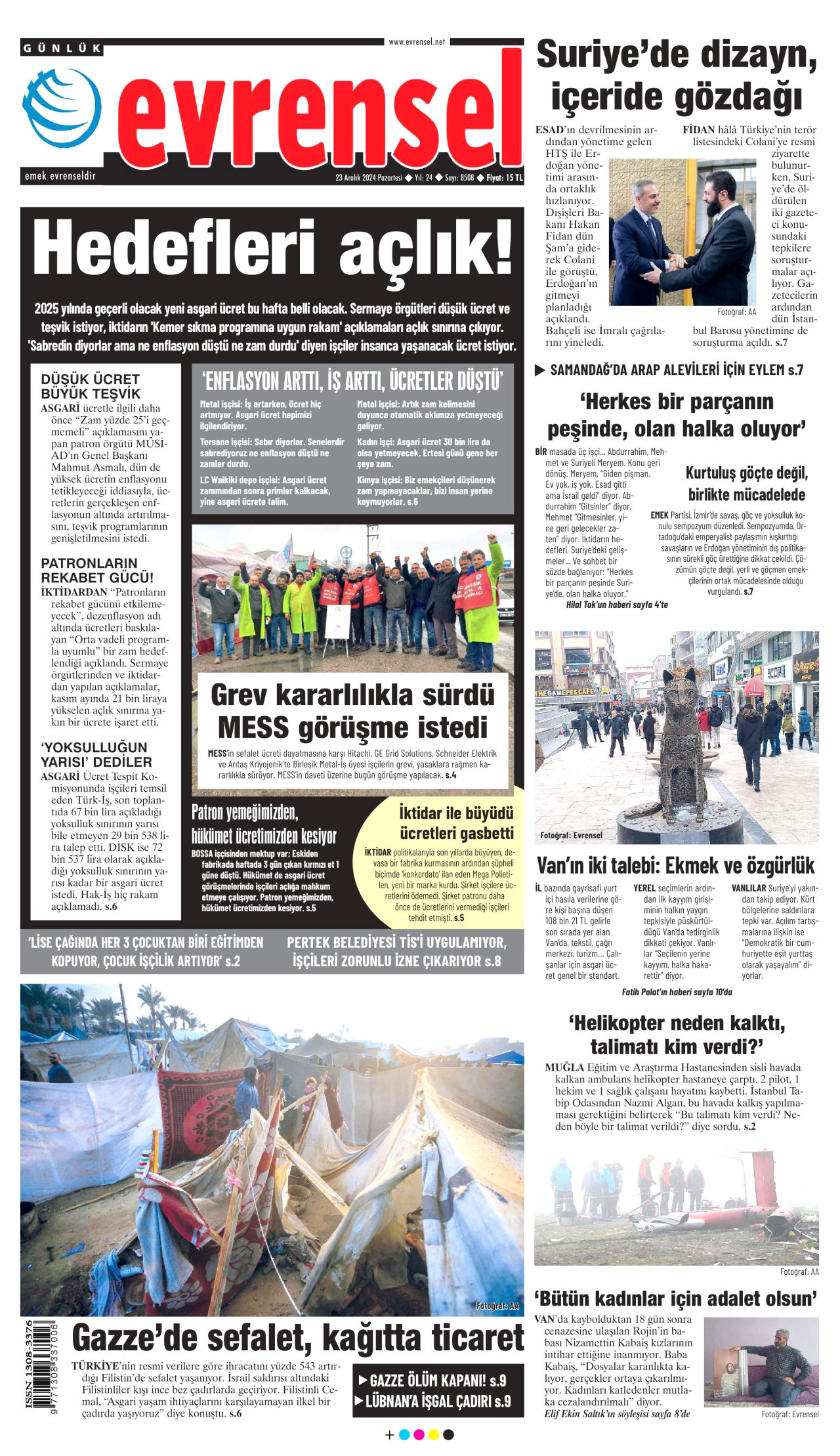 EVRENSEL gazetesinin 23 Aralık 2024 tarihli birinci sayfası