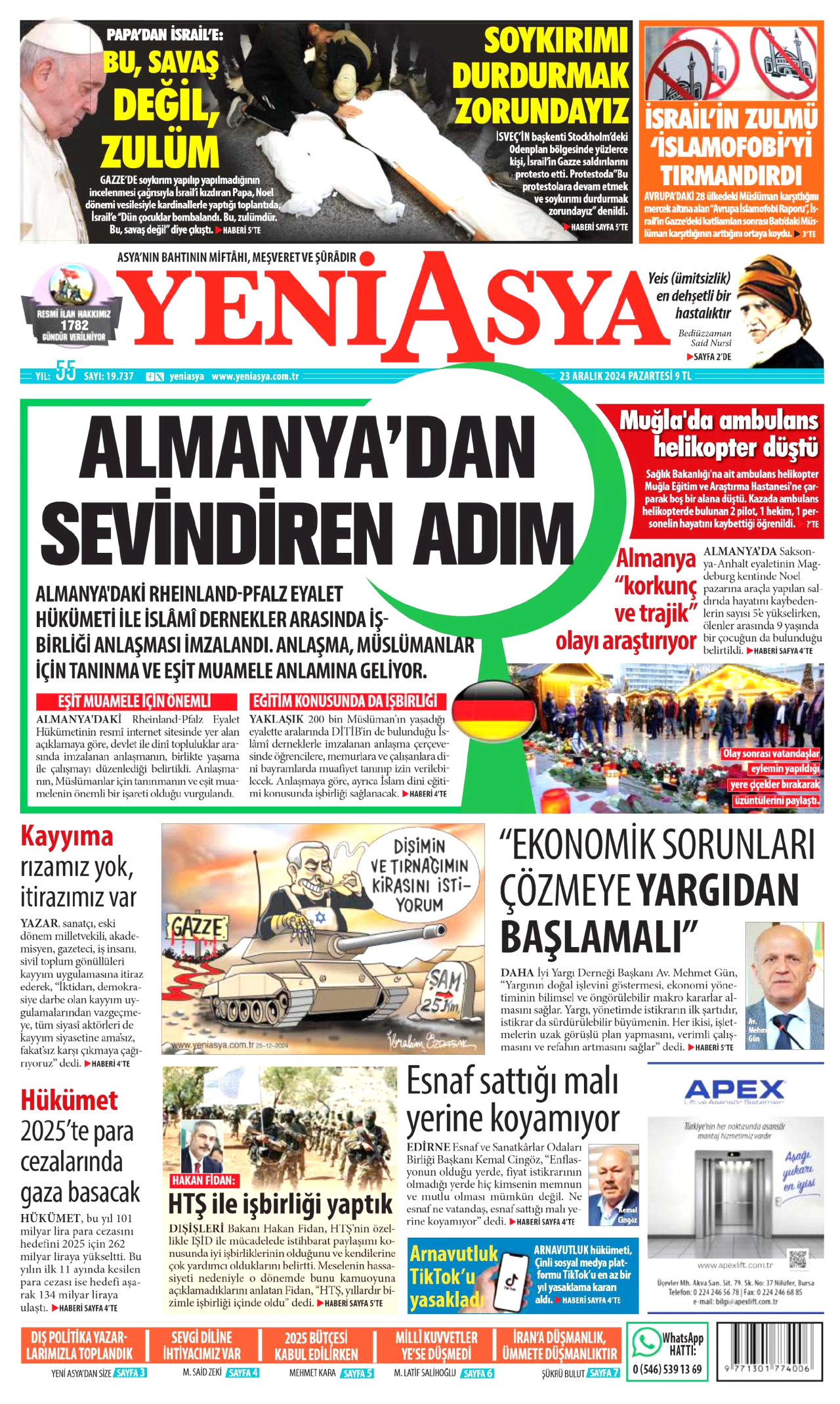 YENİ ASYA gazetesinin 23 Aralık 2024 tarihli birinci sayfası