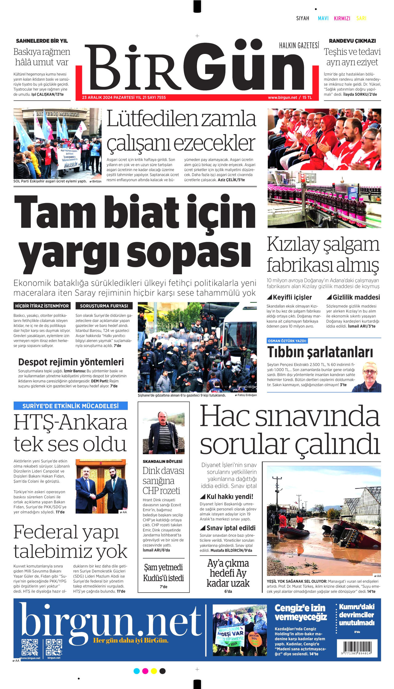 BİRGÜN gazetesinin 23 Aralık 2024 tarihli birinci sayfası