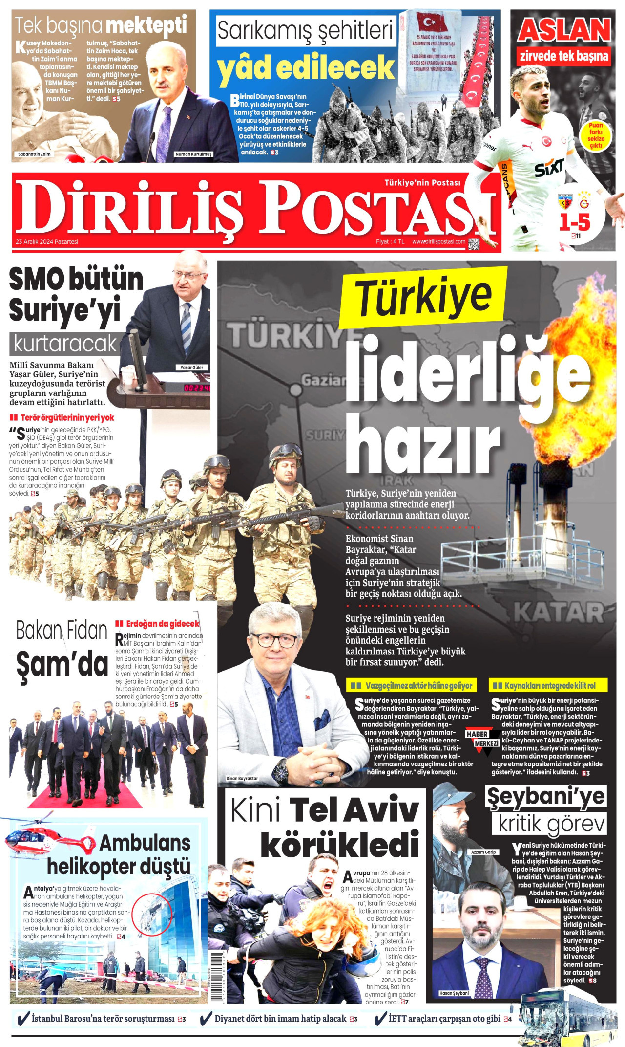 DİRİLİŞ POSTASI gazetesinin 23 Aralık 2024 tarihli birinci sayfası