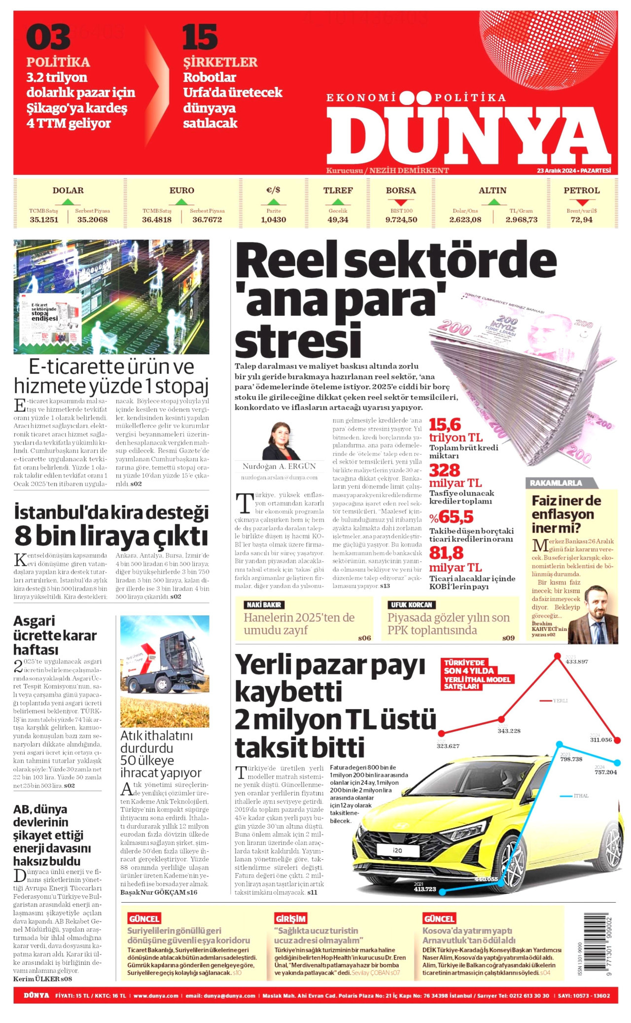 DÜNYA gazetesinin 23 Aralık 2024 tarihli birinci sayfası