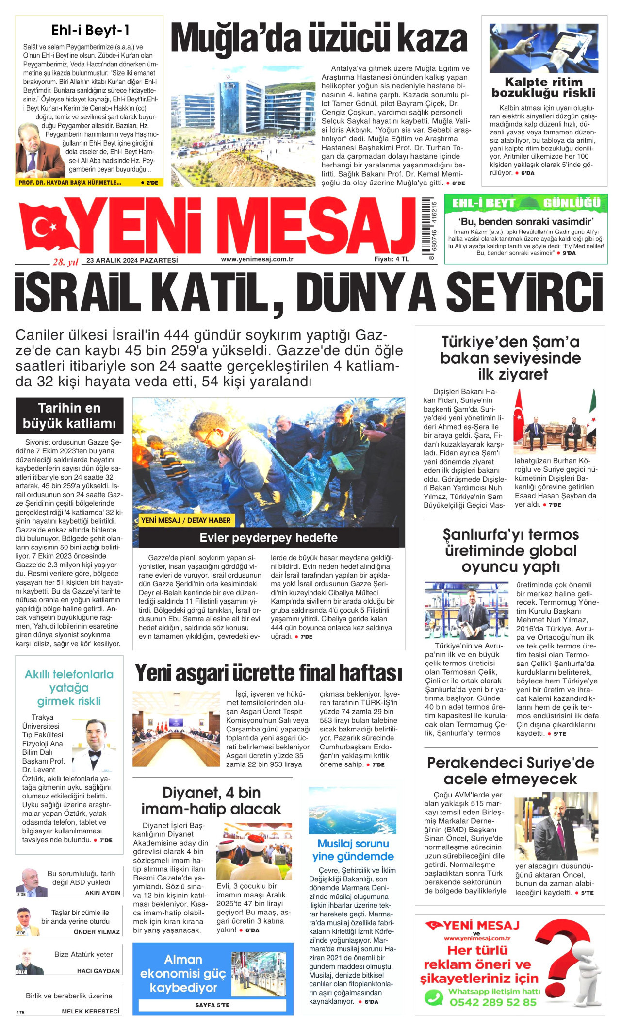 YENİ MESAJ gazetesinin 23 Aralık 2024 tarihli birinci sayfası
