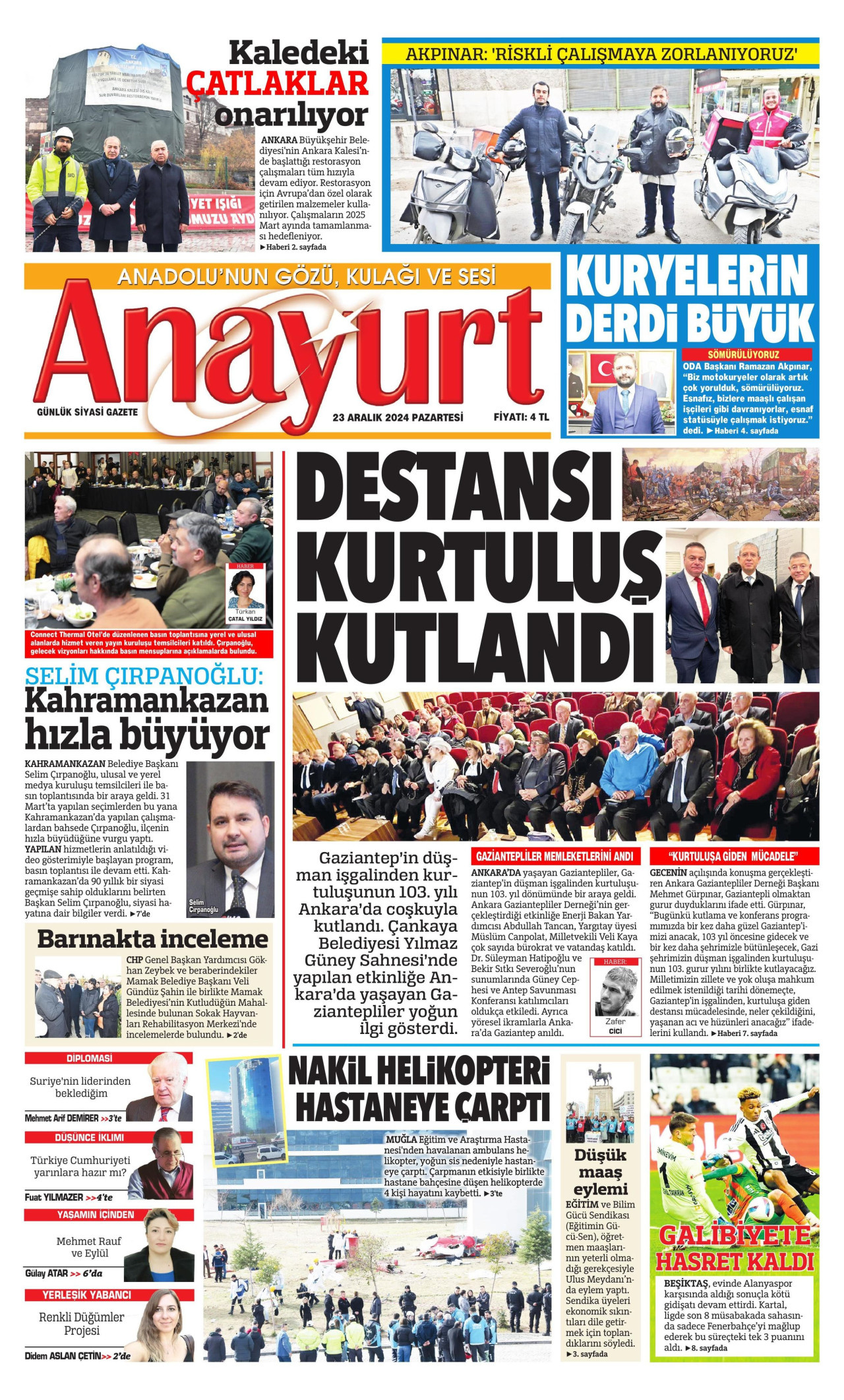 ANAYURT gazetesinin 23 Aralık 2024 tarihli birinci sayfası