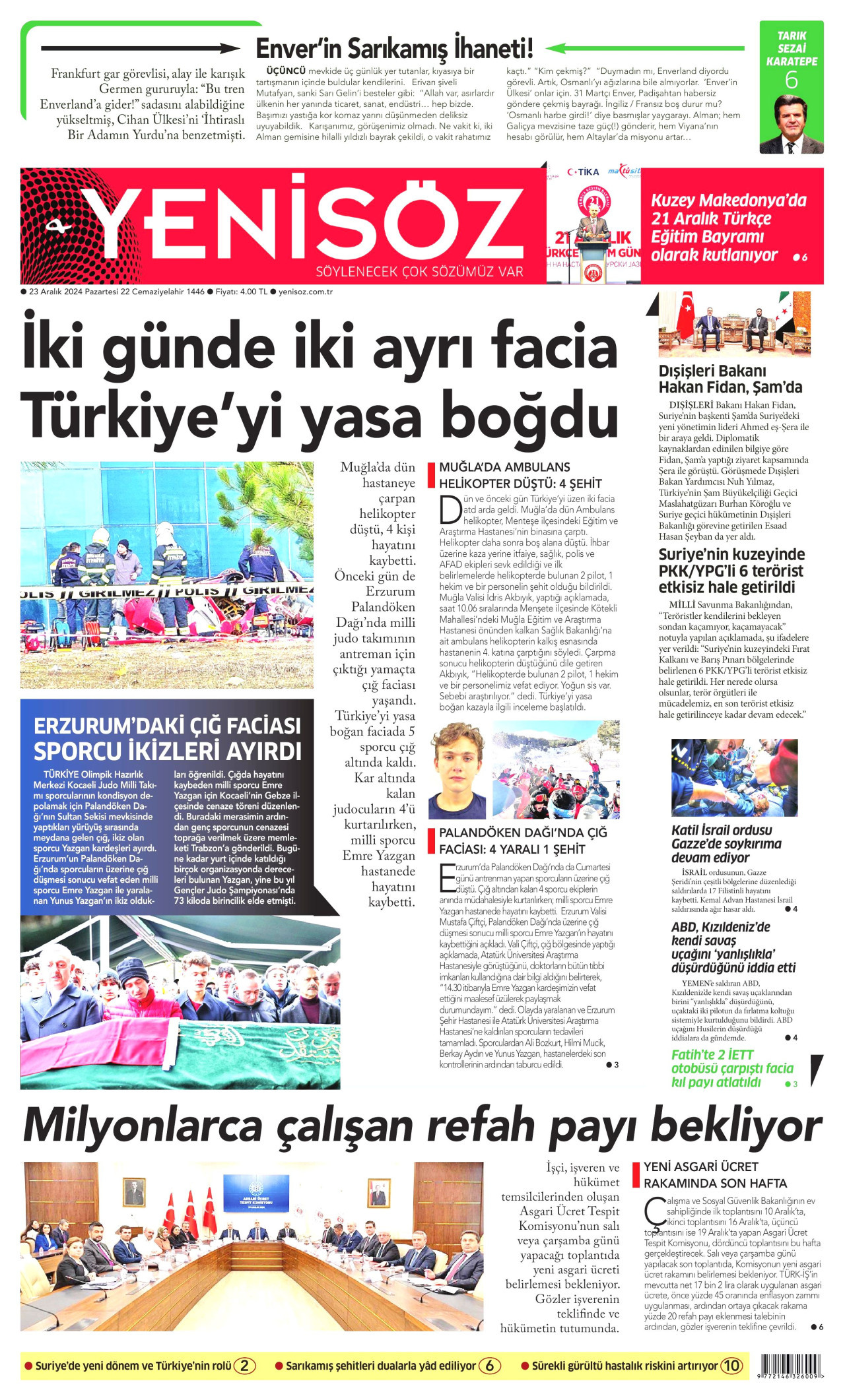 YENİ SÖZ GAZETESİ gazetesinin 23 Aralık 2024 tarihli birinci sayfası