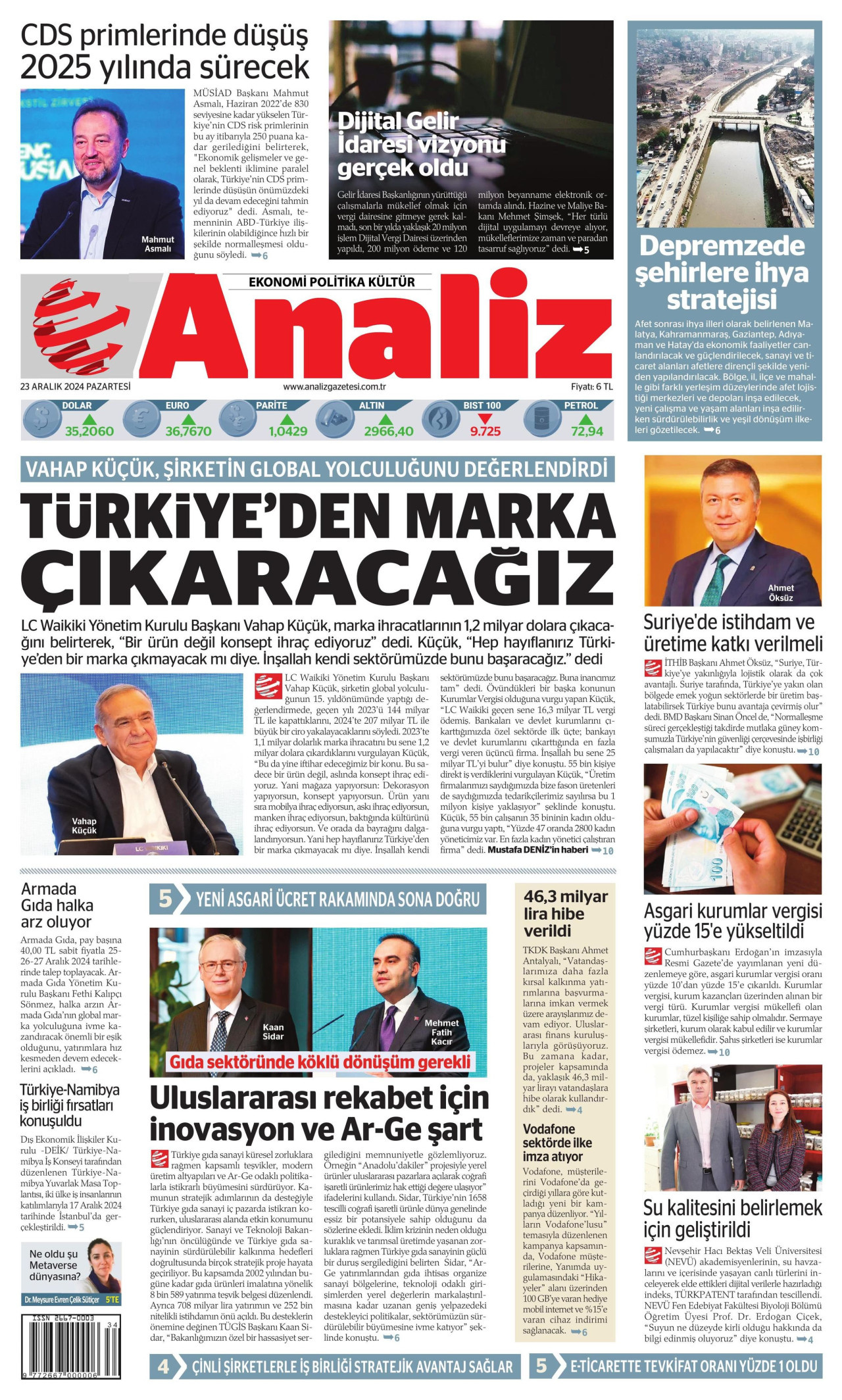 ANALİZ gazetesinin 23 Aralık 2024 tarihli birinci sayfası