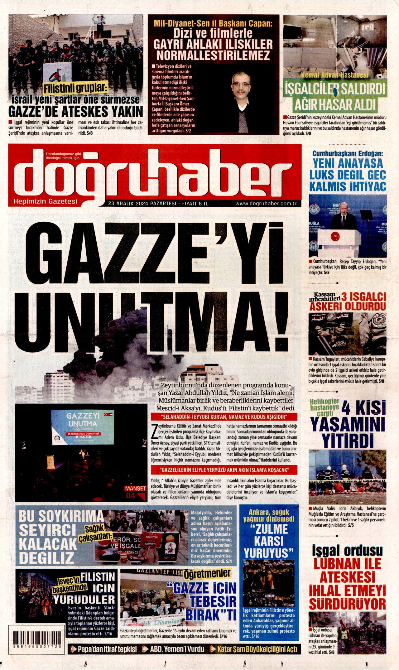 DOĞRU HABER gazetesinin 23 Aralık 2024 tarihli birinci sayfası