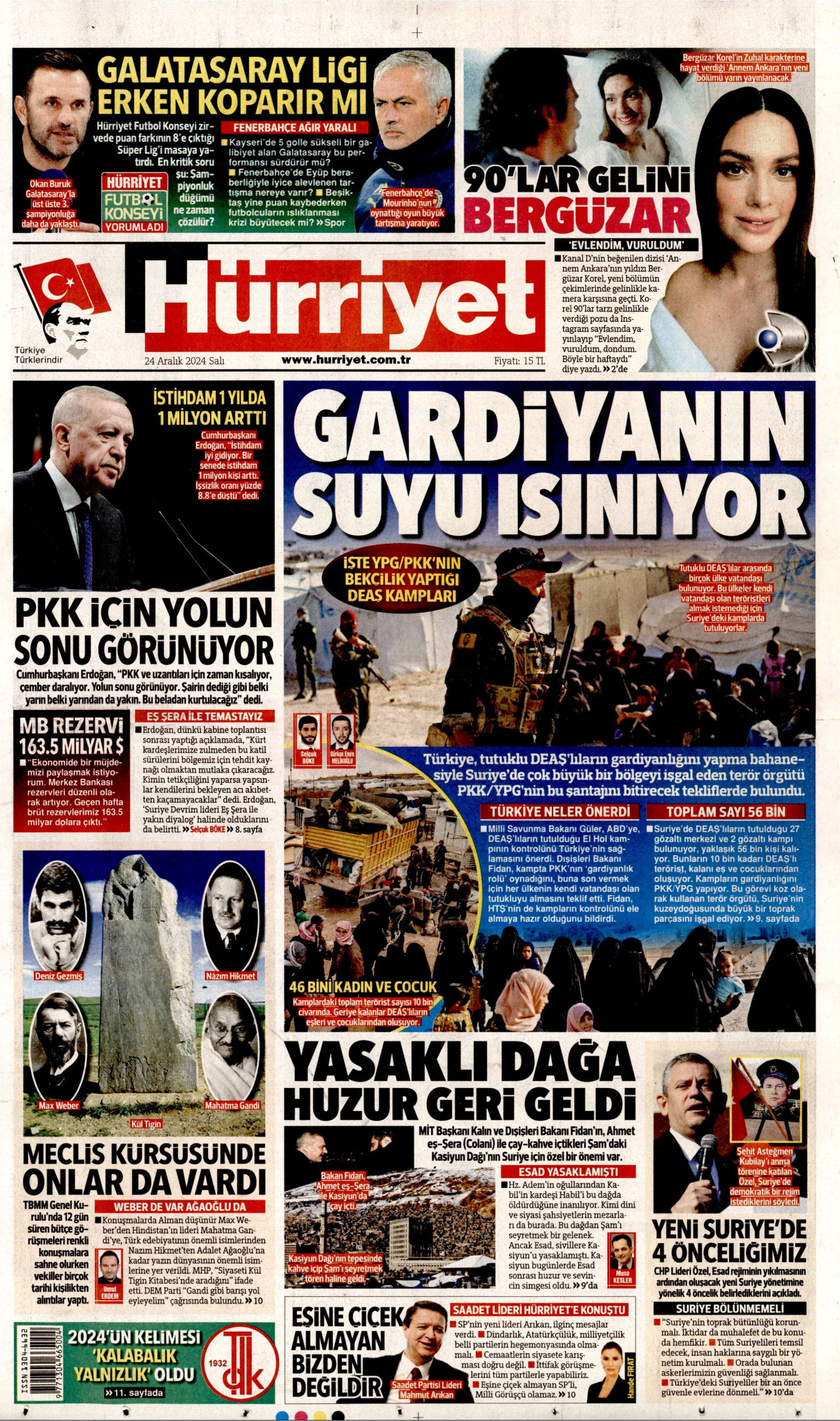 HÜRRİYET gazetesinin 24 Aralık 2024 tarihli birinci sayfası