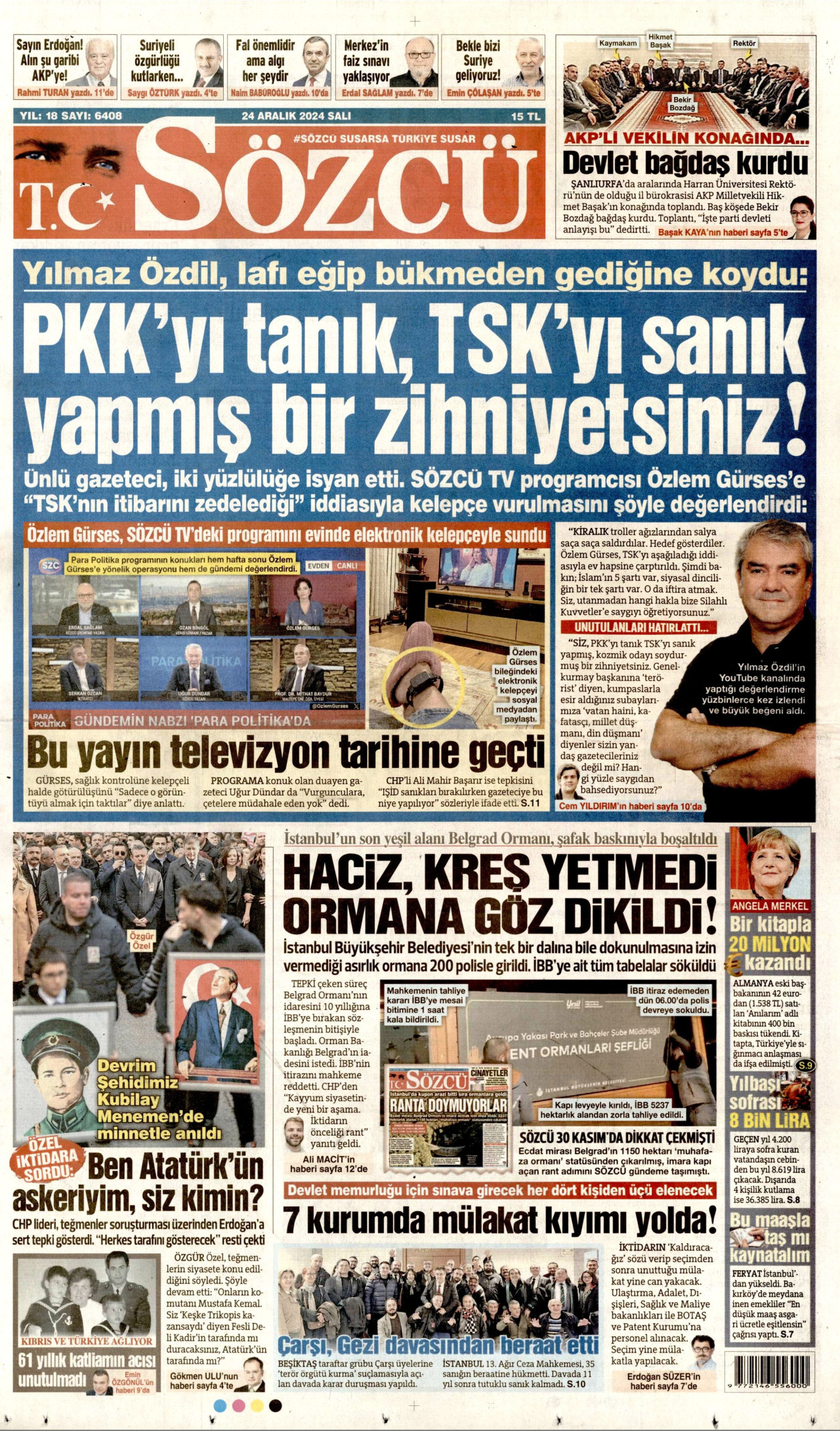 SÖZCÜ gazetesinin 24 Aralık 2024 tarihli birinci sayfası