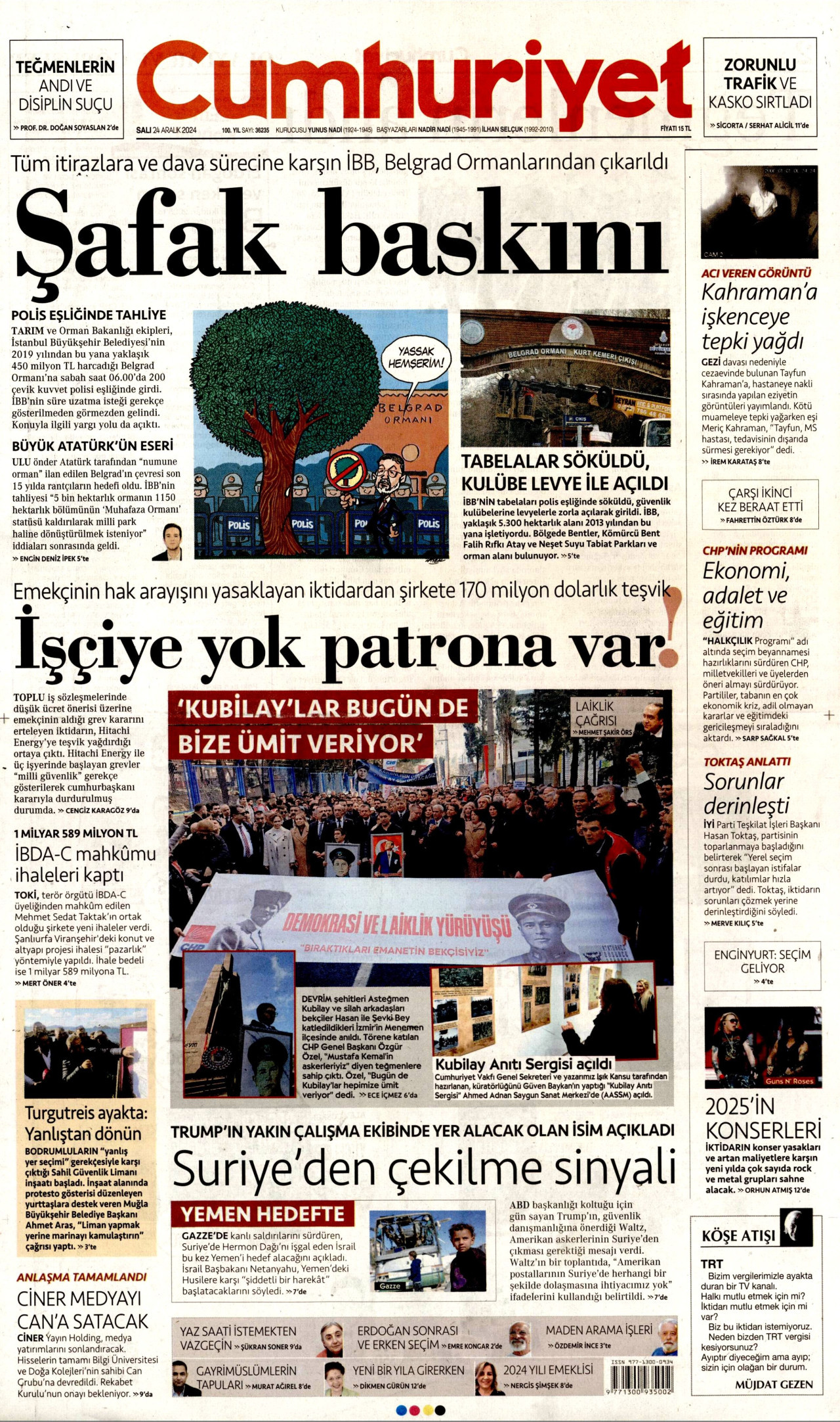 CUMHURİYET gazetesinin 24 Aralık 2024 tarihli birinci sayfası