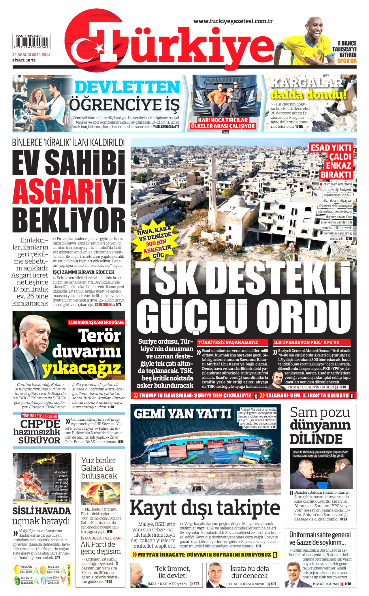 TÜRKİYE GAZETESİ gazetesinin 24 Aralık 2024 tarihli birinci sayfası