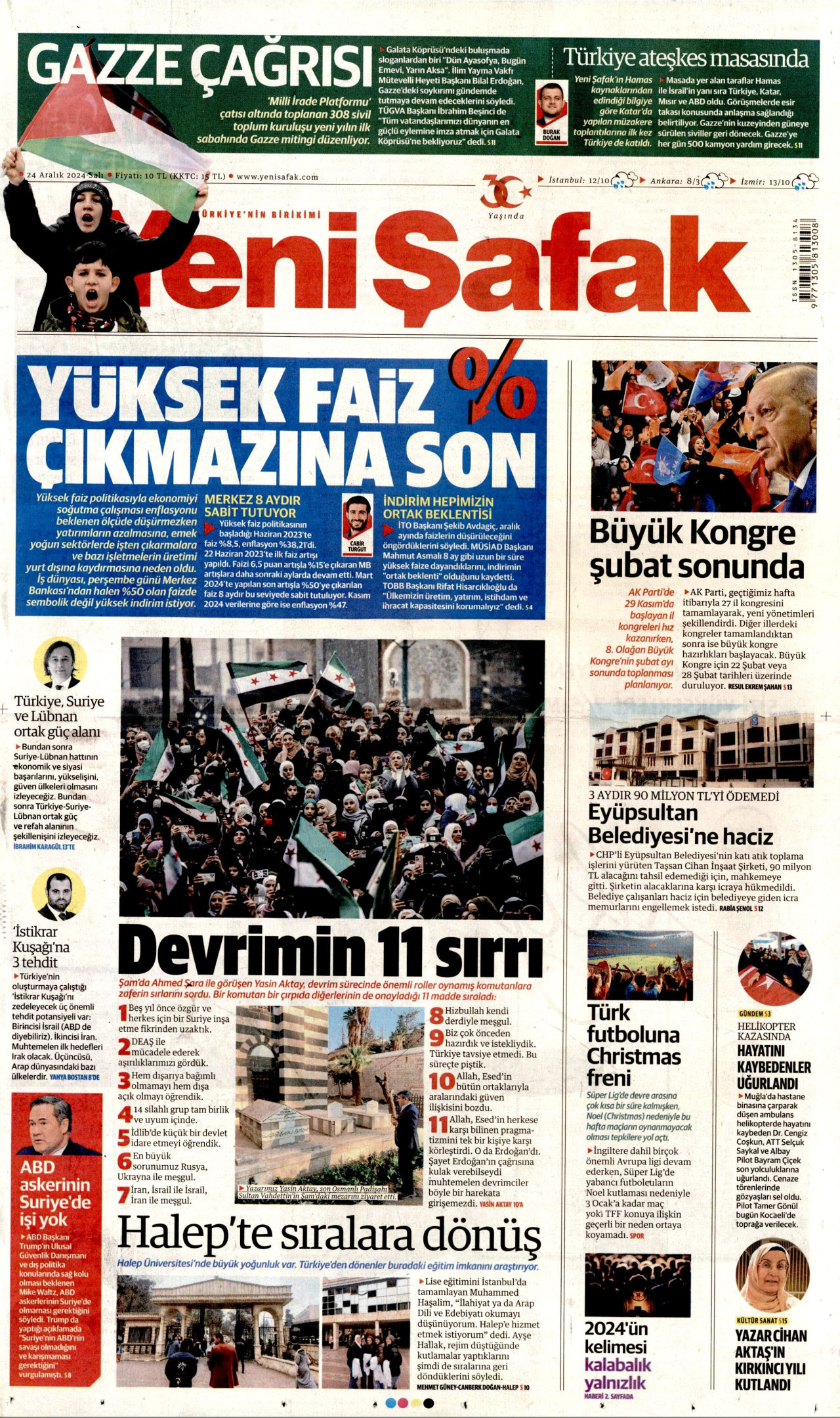 YENİ ŞAFAK gazetesinin 24 Aralık 2024 tarihli birinci sayfası