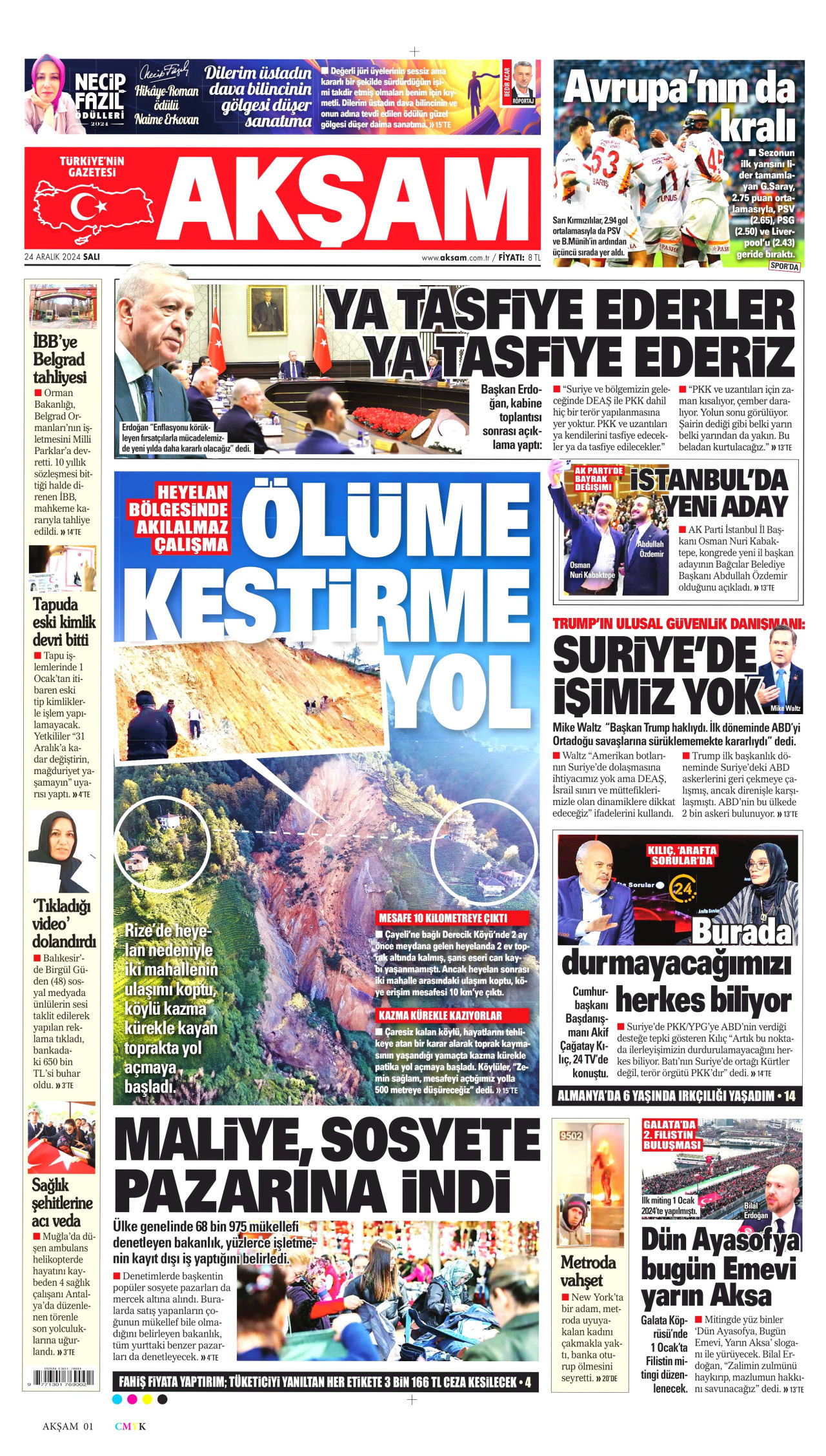 AKŞAM gazetesinin 24 Aralık 2024 tarihli birinci sayfası