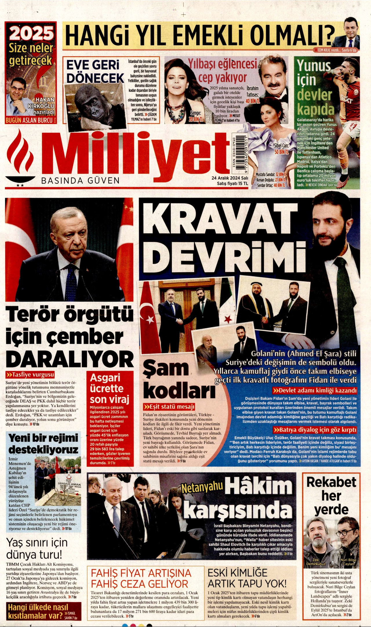 MİLLİYET gazetesinin 24 Aralık 2024 tarihli birinci sayfası