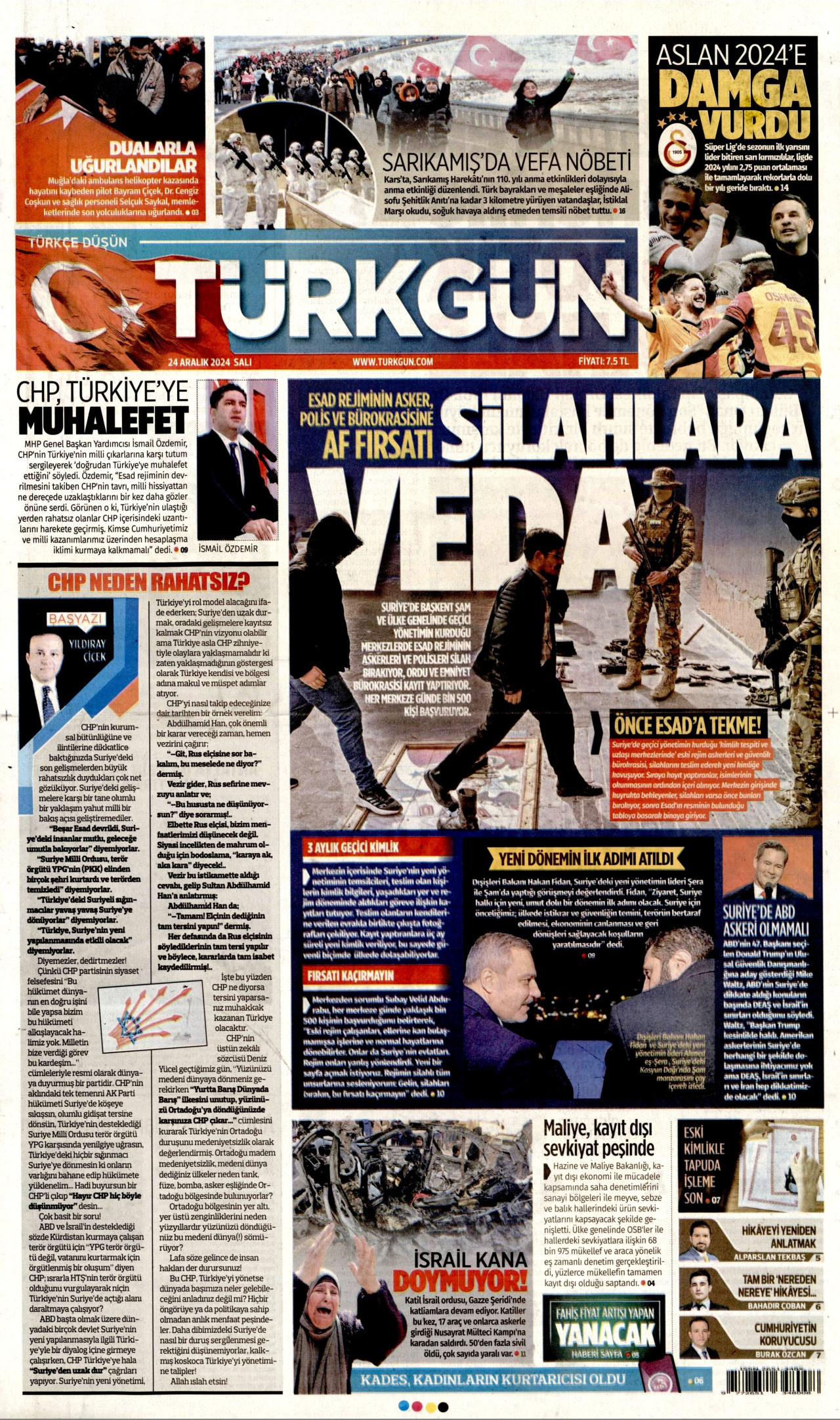 TÜRKGÜN gazetesinin 24 Aralık 2024 tarihli birinci sayfası