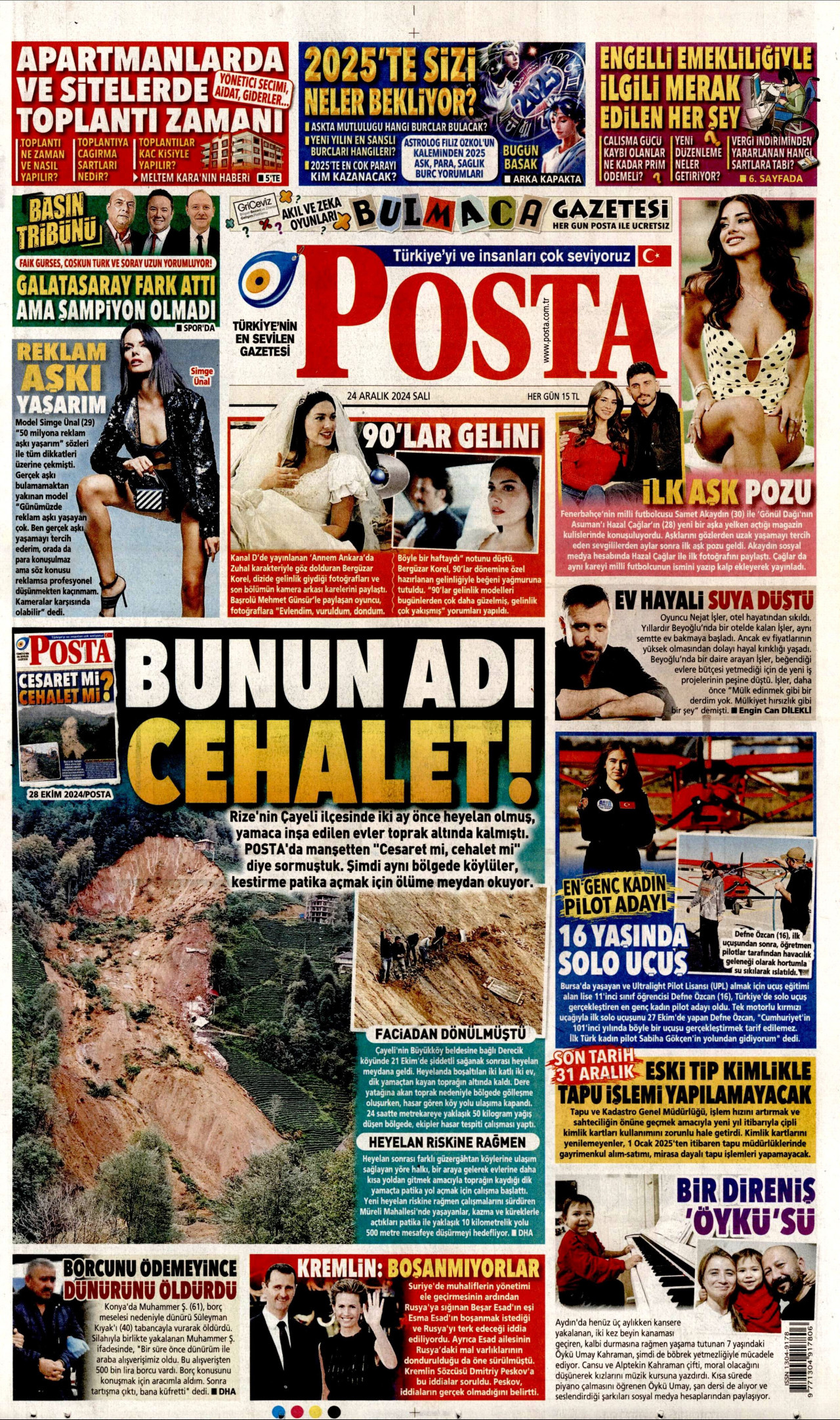 POSTA gazetesinin 24 Aralık 2024 tarihli birinci sayfası