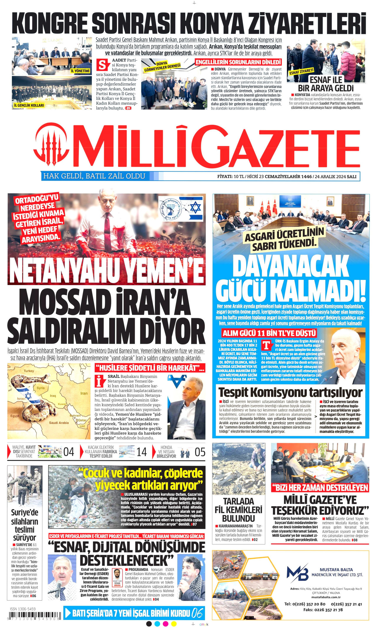 MİLLİ GAZETE gazetesinin 24 Aralık 2024 tarihli birinci sayfası