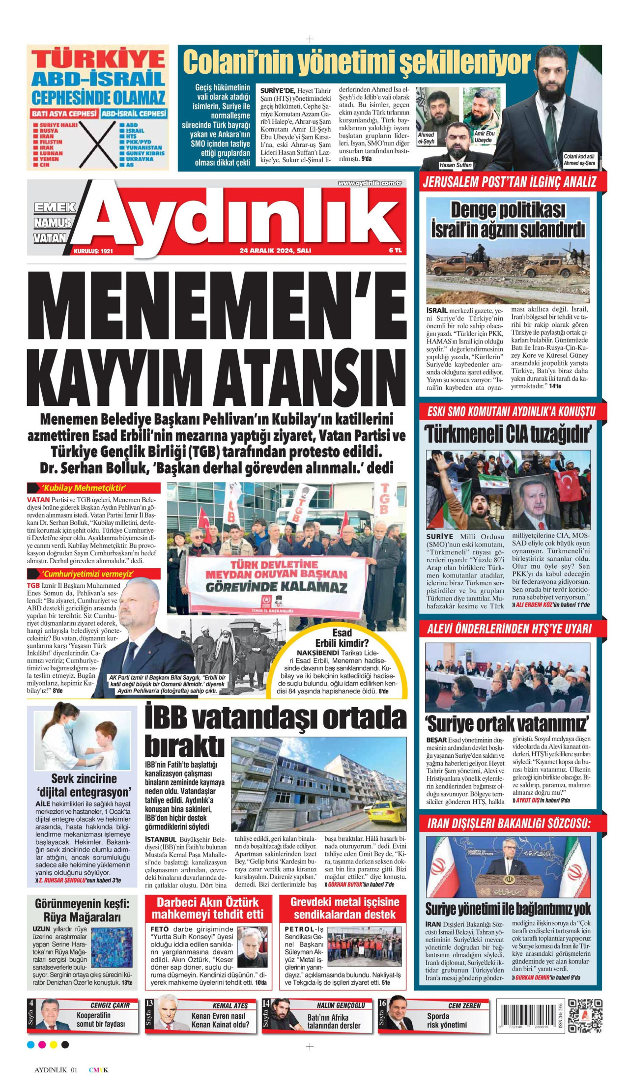 AYDINLIK GAZETESİ gazetesinin 24 Aralık 2024 tarihli birinci sayfası