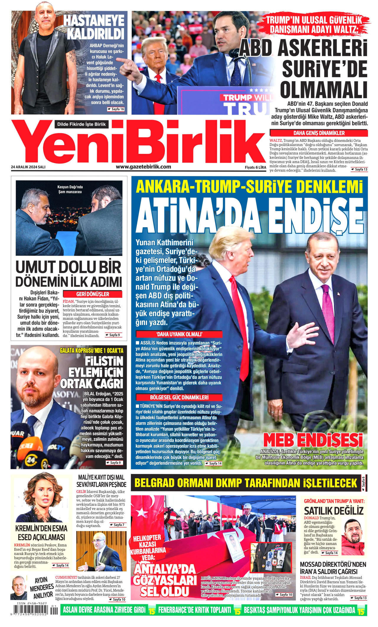 YENİBİRLİK gazetesinin 24 Aralık 2024 tarihli birinci sayfası
