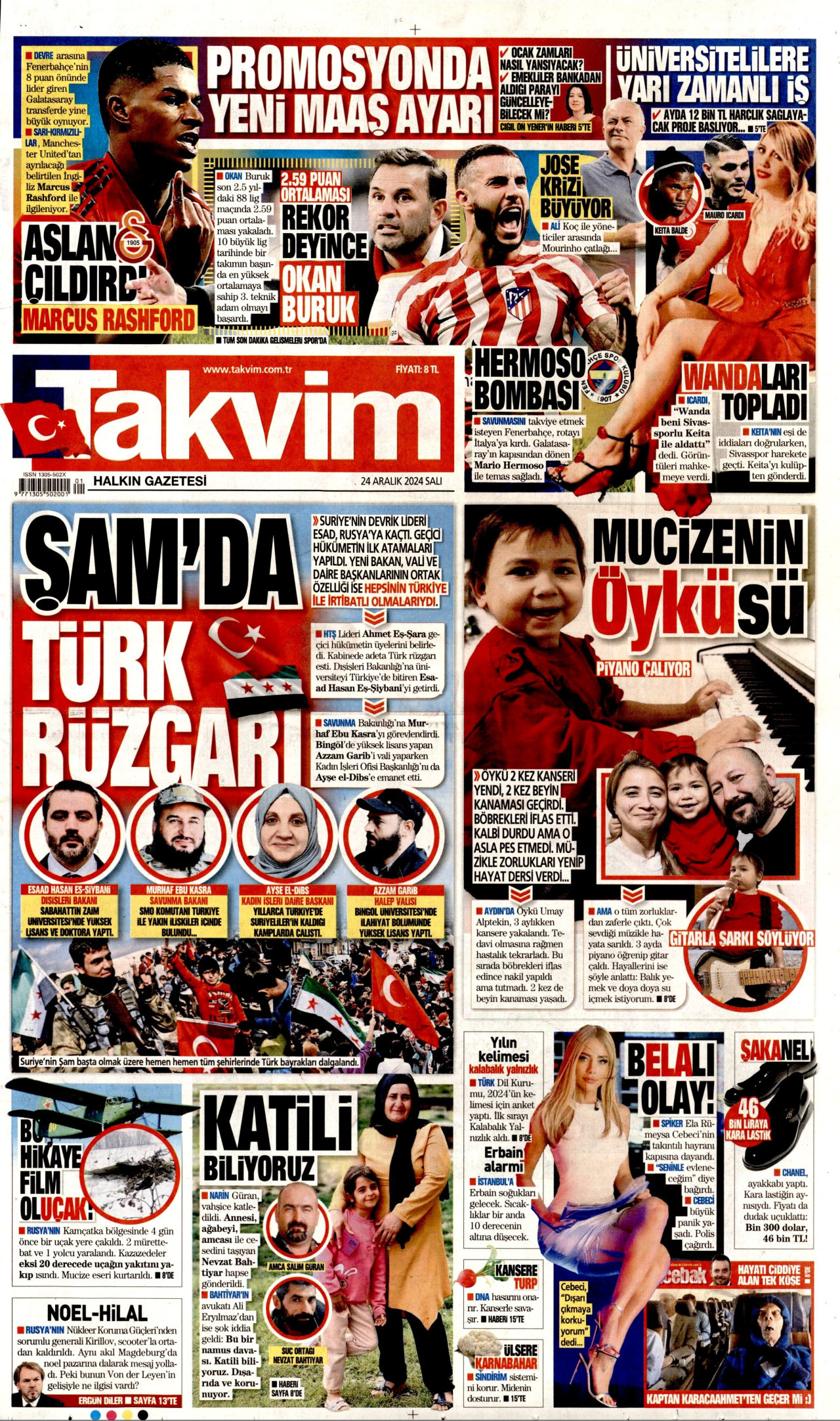 TAKVİM gazetesinin 24 Aralık 2024 tarihli birinci sayfası