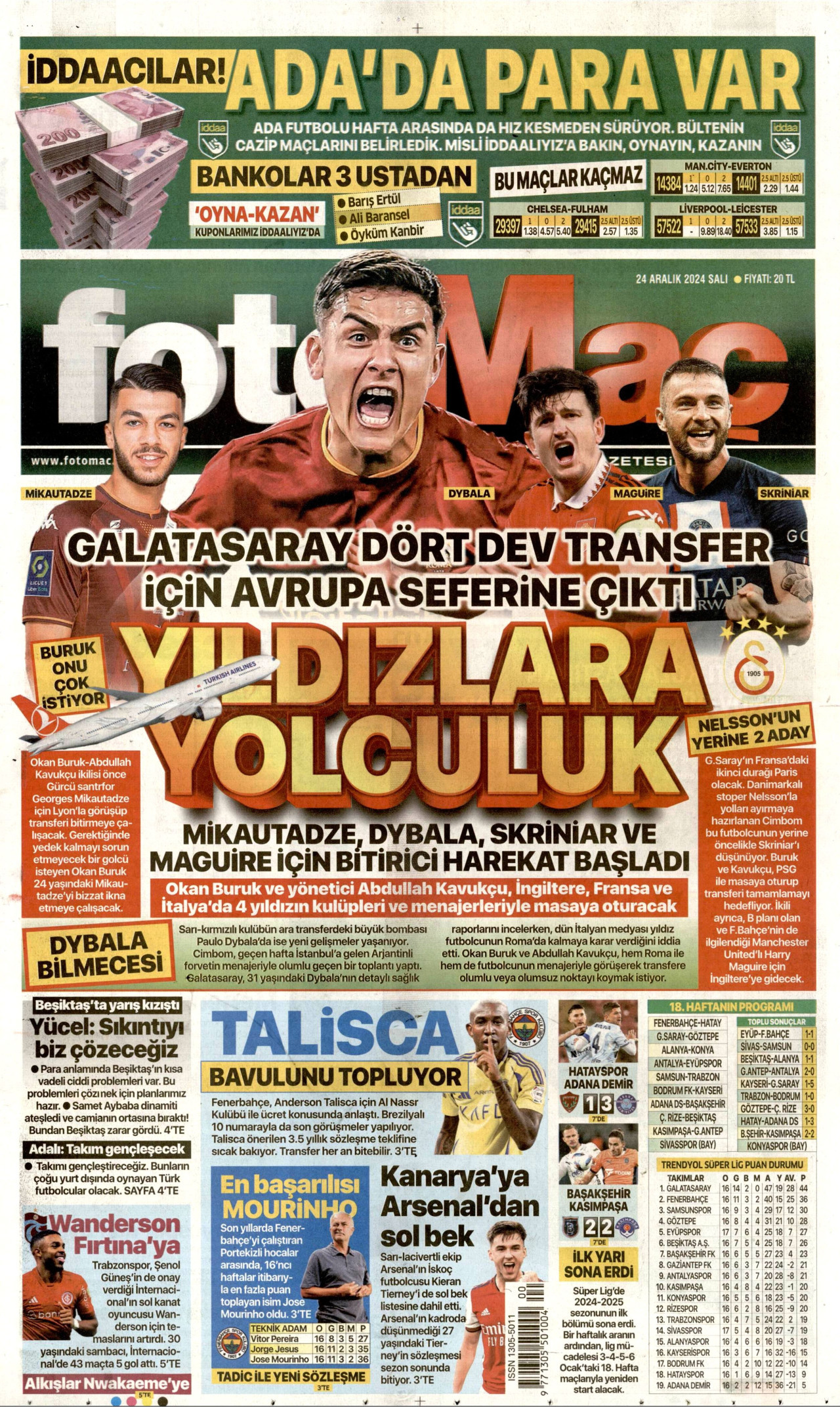 FOTOMAÇ gazetesinin 24 Aralık 2024 tarihli birinci sayfası