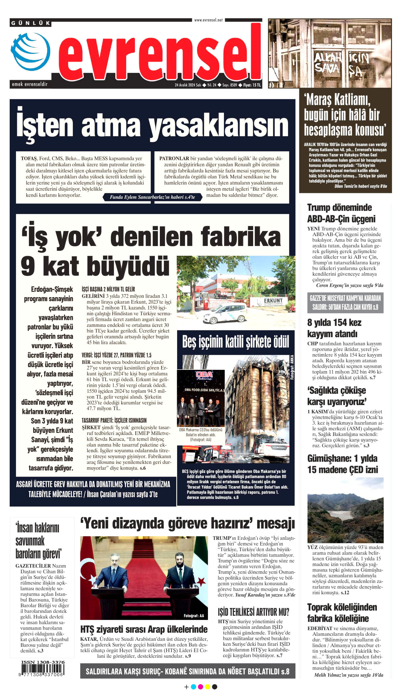 EVRENSEL gazetesinin 24 Aralık 2024 tarihli birinci sayfası