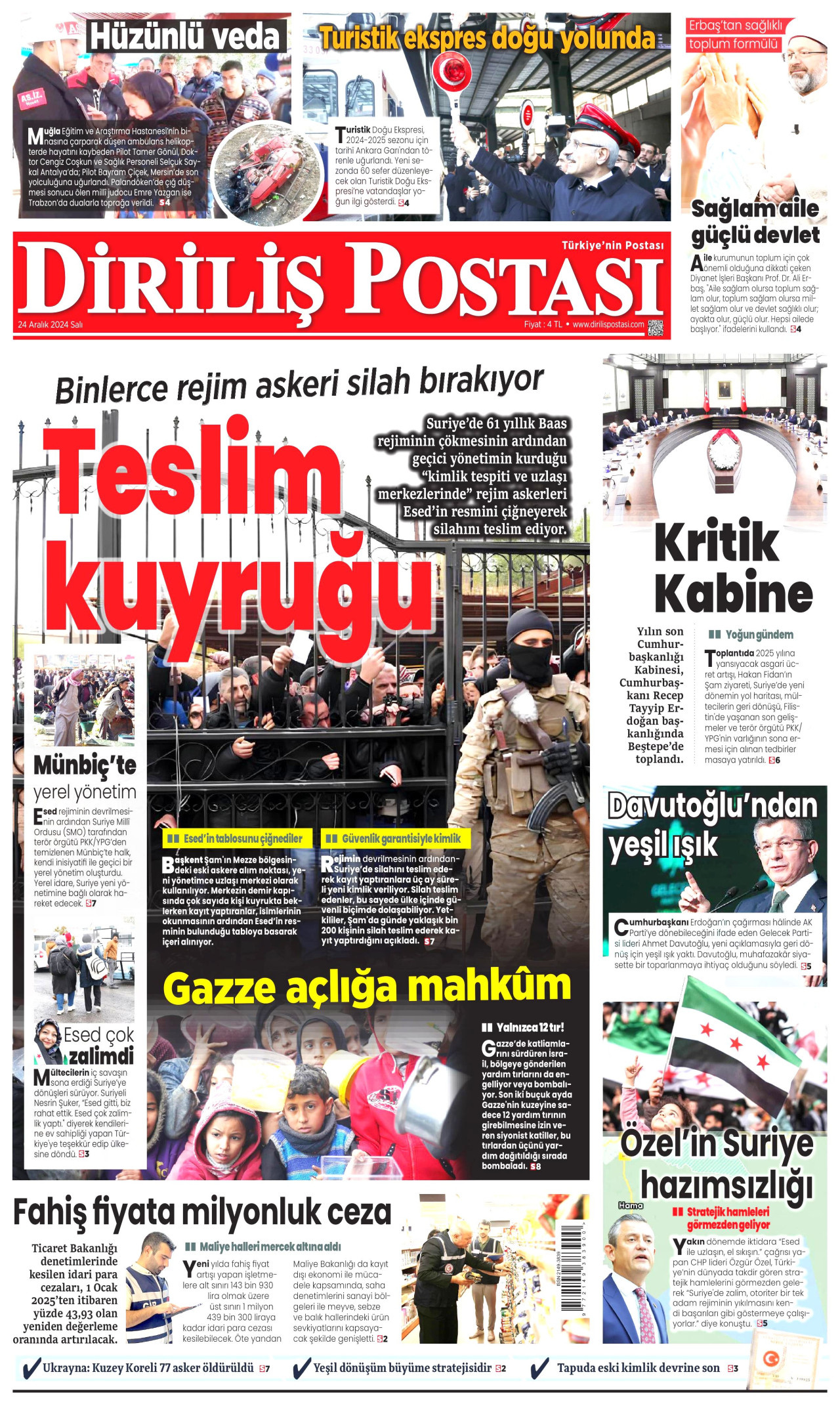 DİRİLİŞ POSTASI gazetesinin 24 Aralık 2024 tarihli birinci sayfası