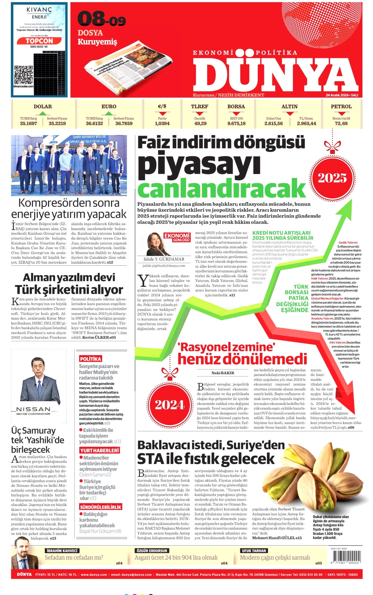 DÜNYA gazetesinin 24 Aralık 2024 tarihli birinci sayfası