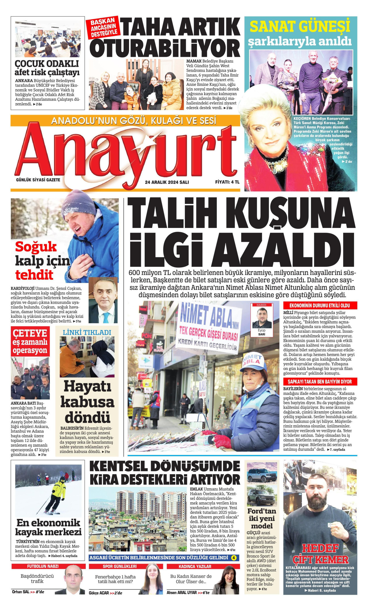 ANAYURT gazetesinin 24 Aralık 2024 tarihli birinci sayfası