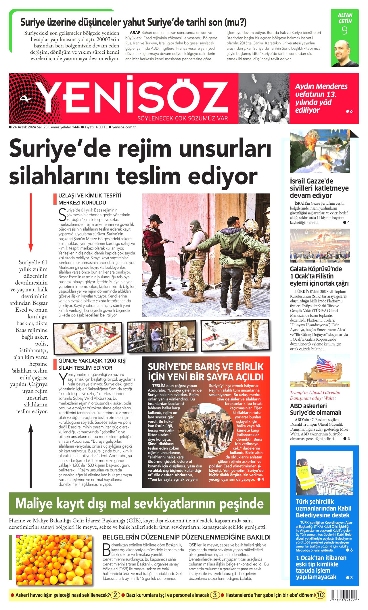 YENİ SÖZ GAZETESİ gazetesinin 24 Aralık 2024 tarihli birinci sayfası