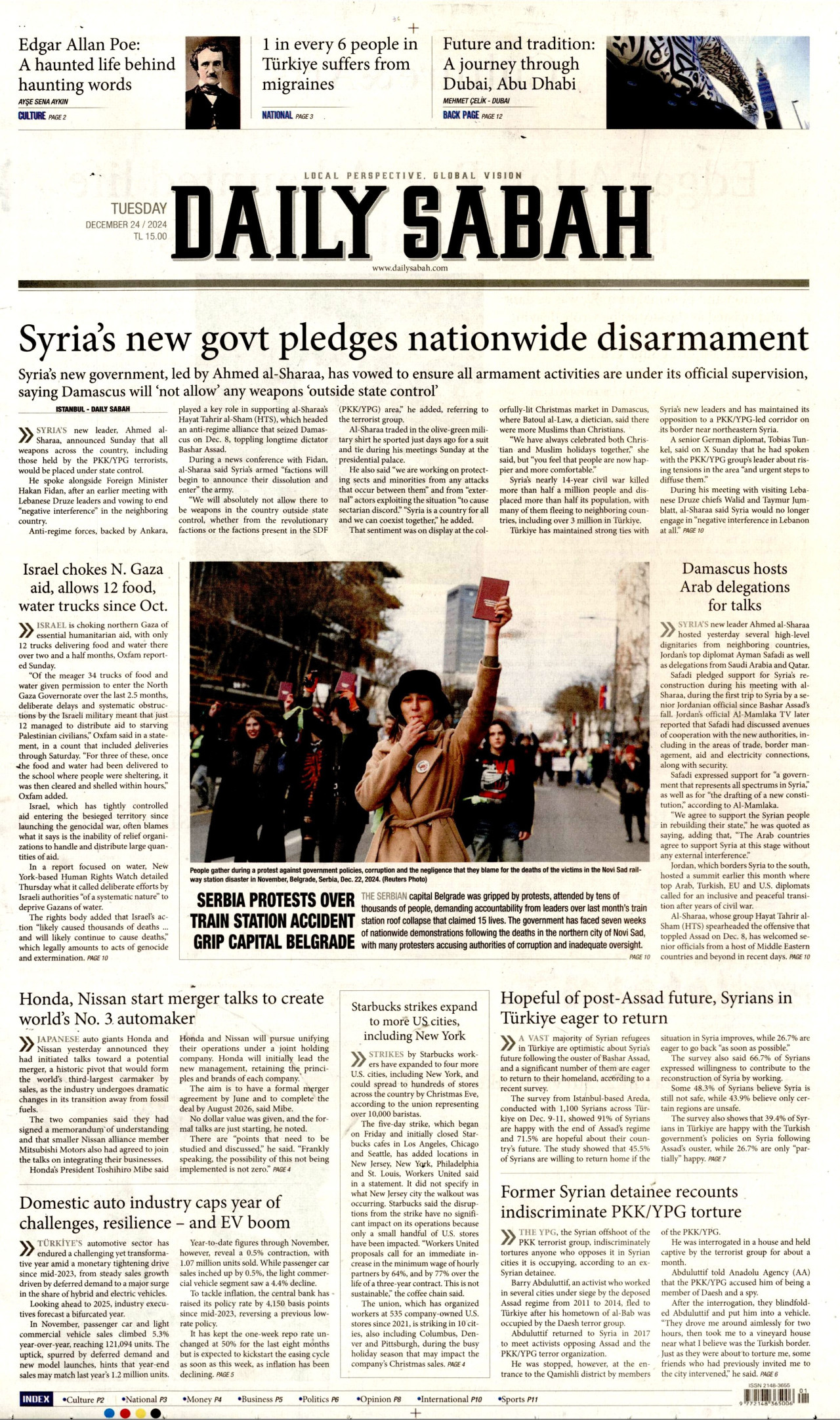 DAİLY SABAH gazetesinin 24 Aralık 2024 tarihli birinci sayfası