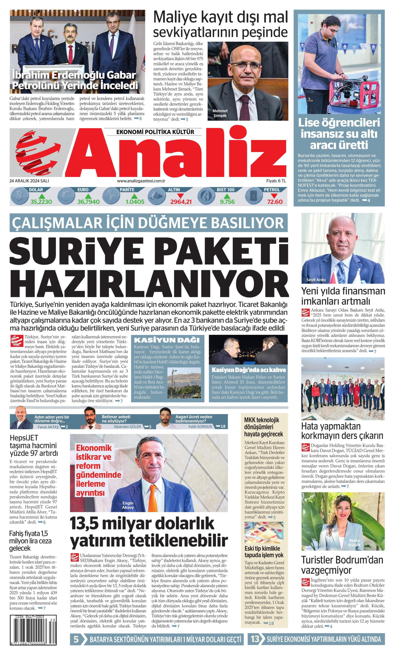 ANALİZ gazetesinin 24 Aralık 2024 tarihli birinci sayfası