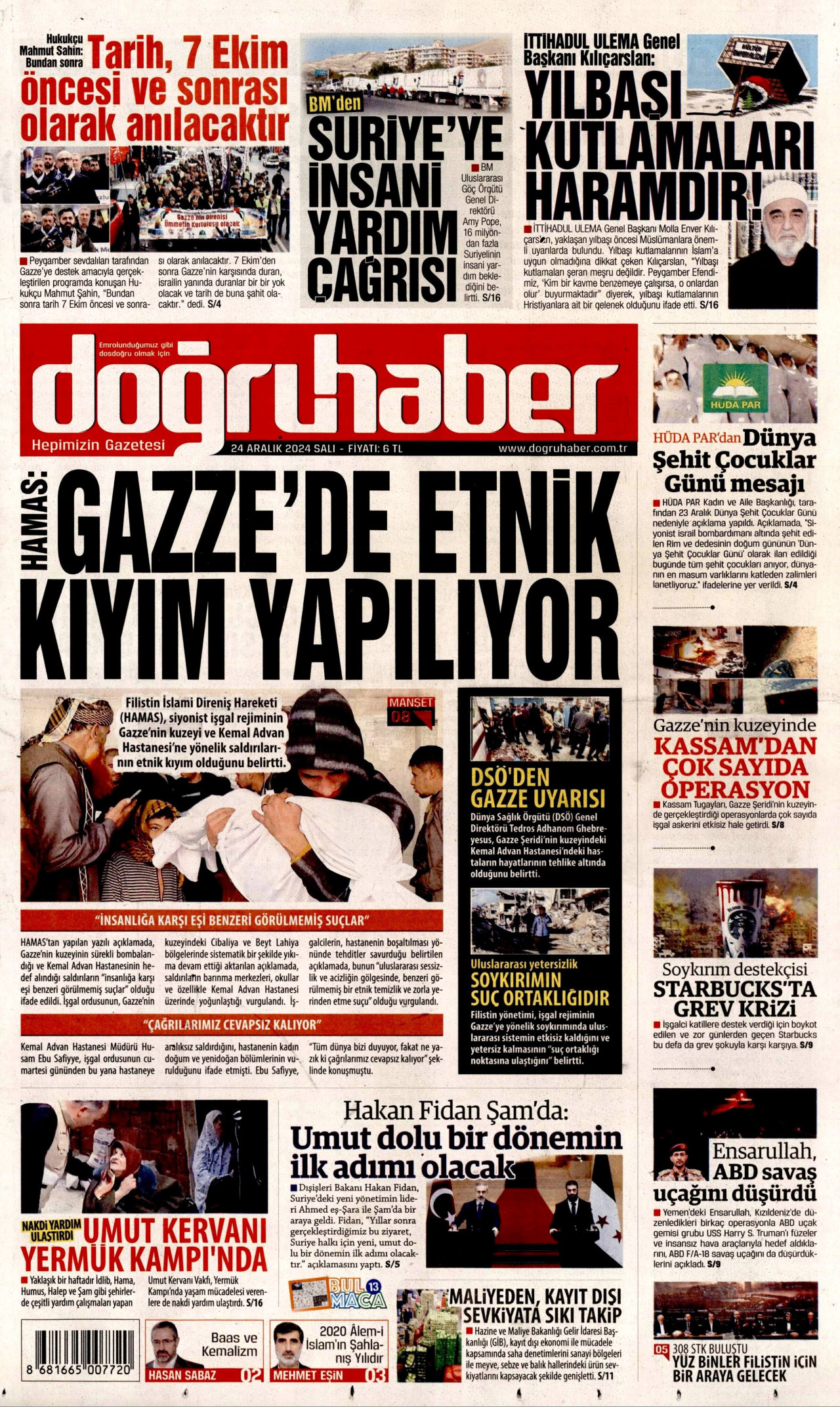 DOĞRU HABER gazetesinin 24 Aralık 2024 tarihli birinci sayfası