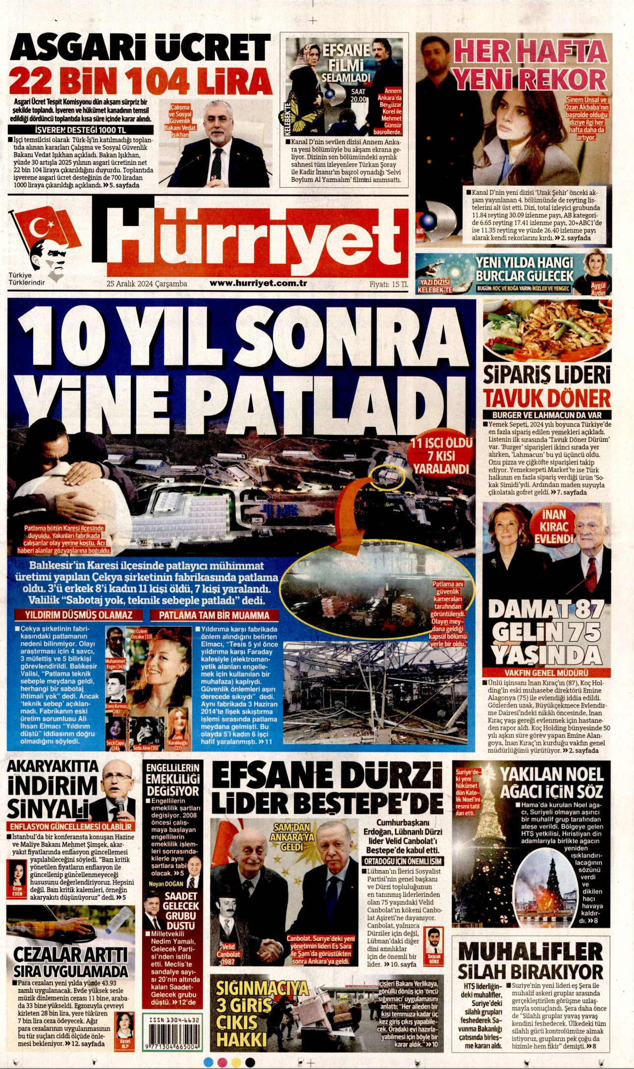 HÜRRİYET gazetesinin 25 Aralık 2024 tarihli birinci sayfası