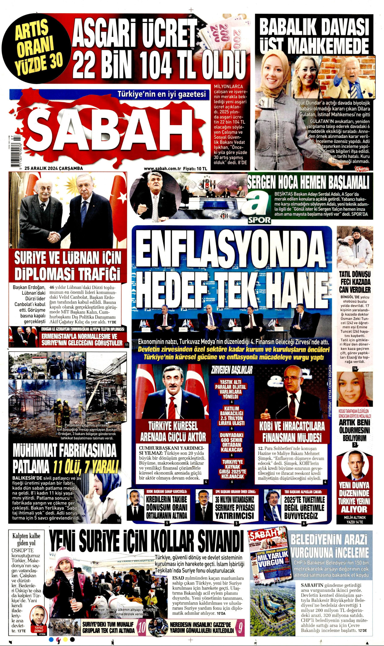 SABAH gazetesinin 25 Aralık 2024 tarihli birinci sayfası