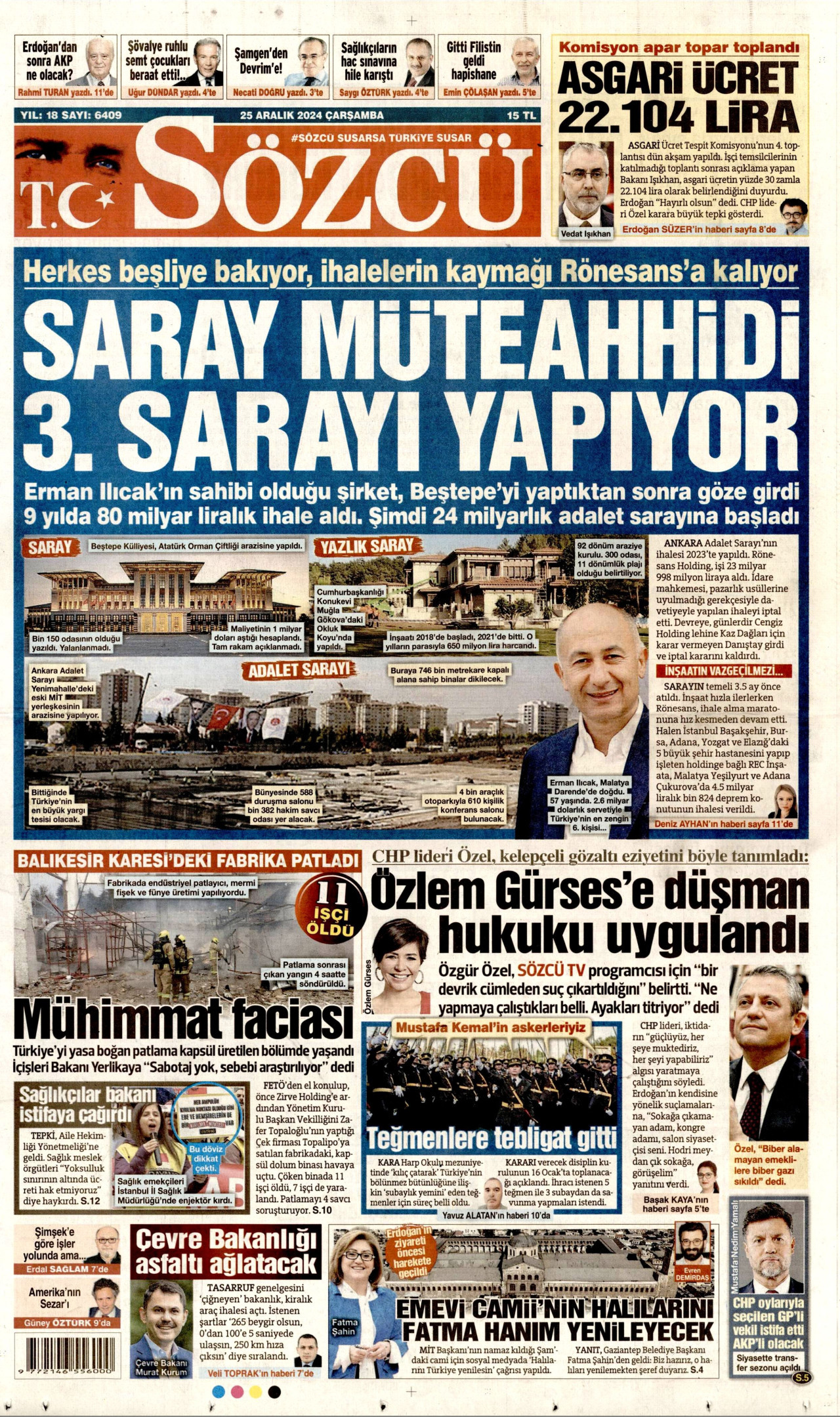 SÖZCÜ gazetesinin 25 Aralık 2024 tarihli birinci sayfası