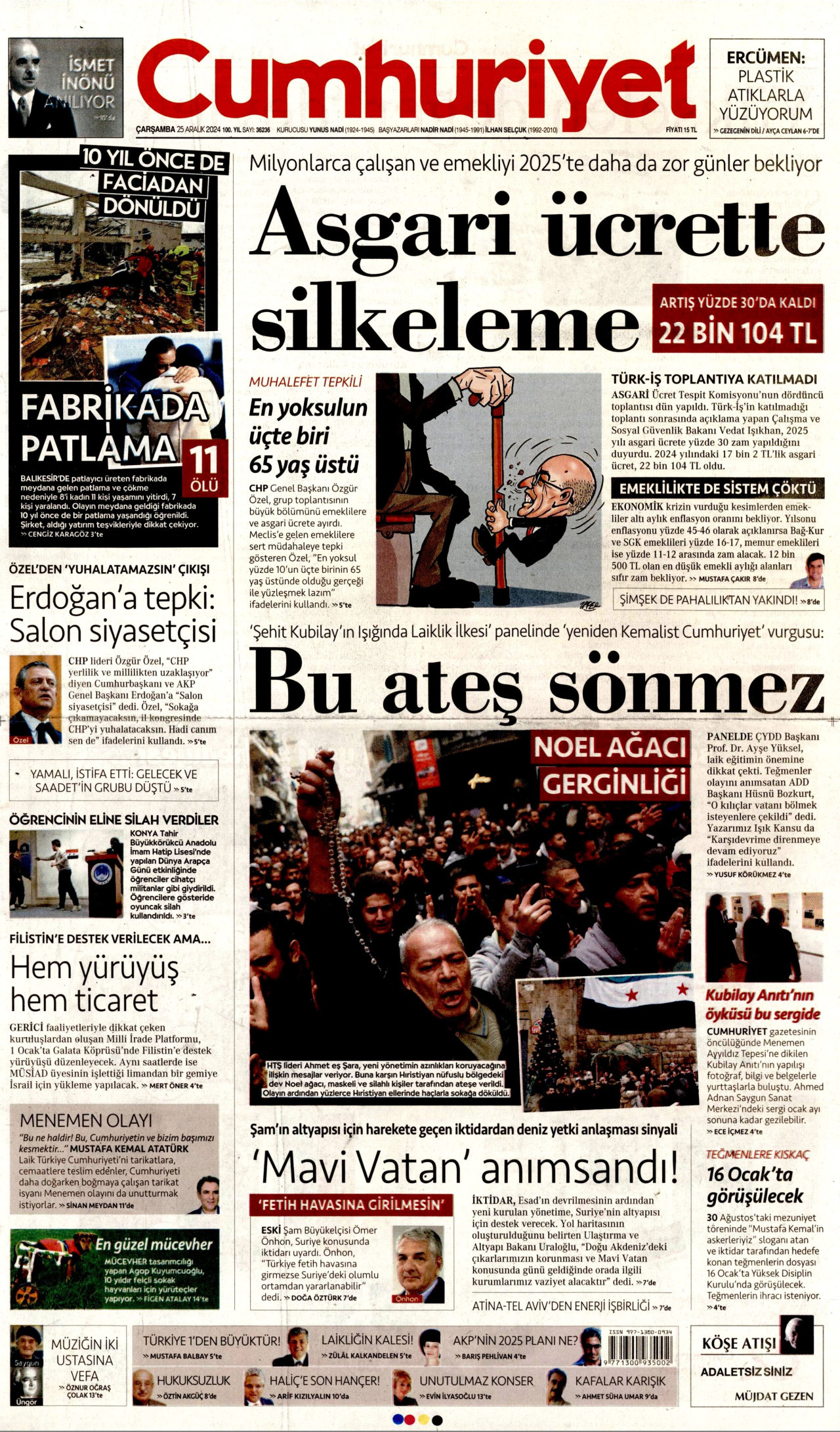 CUMHURİYET gazetesinin 25 Aralık 2024 tarihli birinci sayfası
