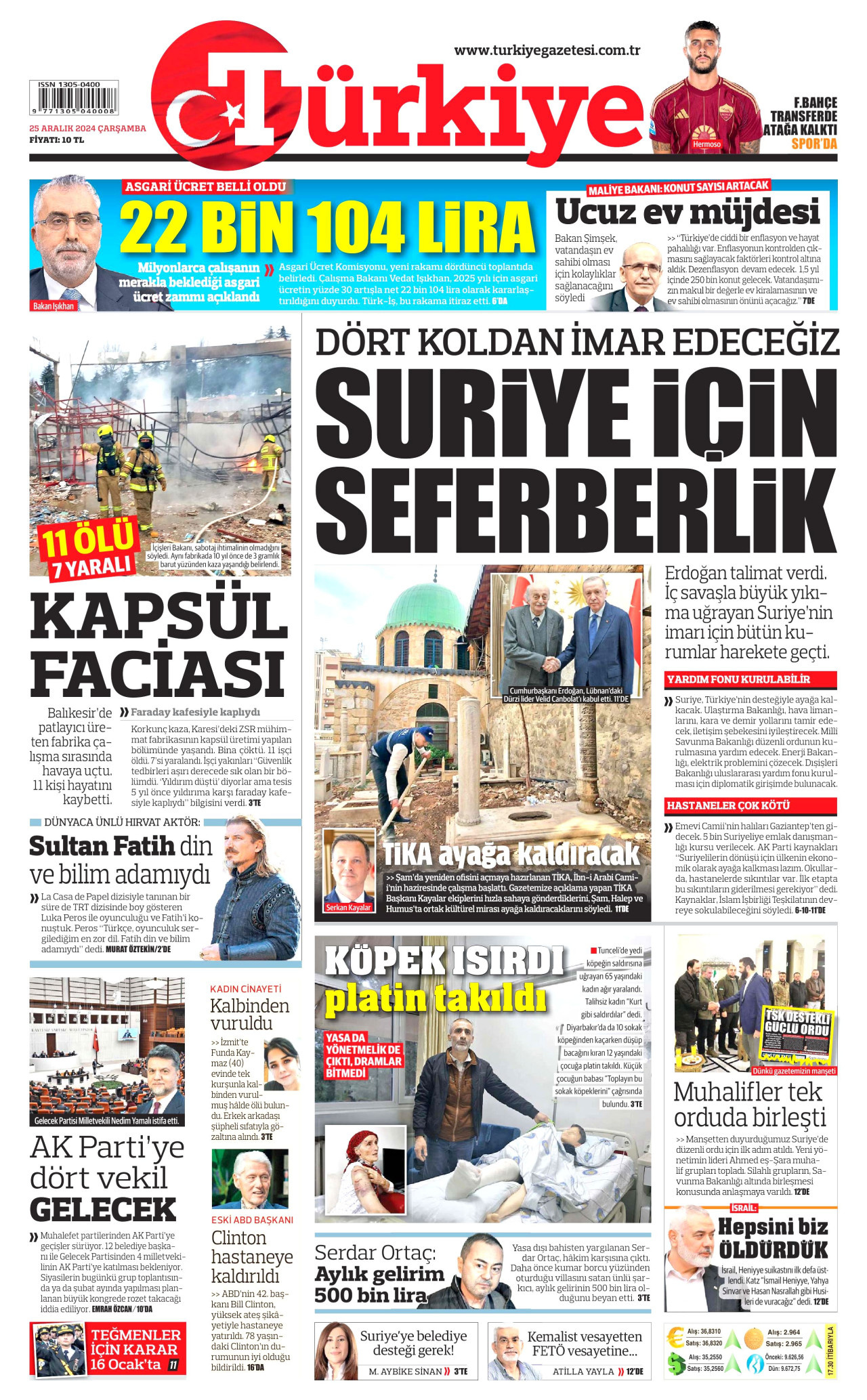 TÜRKİYE GAZETESİ gazetesinin 25 Aralık 2024 tarihli birinci sayfası