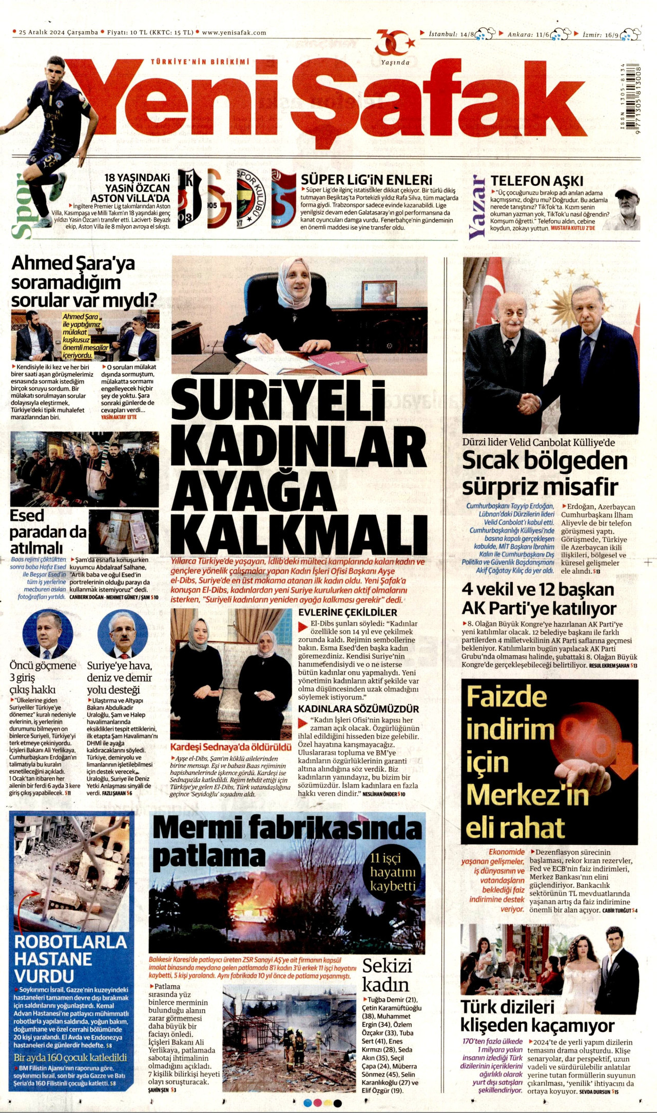 YENİ ŞAFAK gazetesinin 25 Aralık 2024 tarihli birinci sayfası