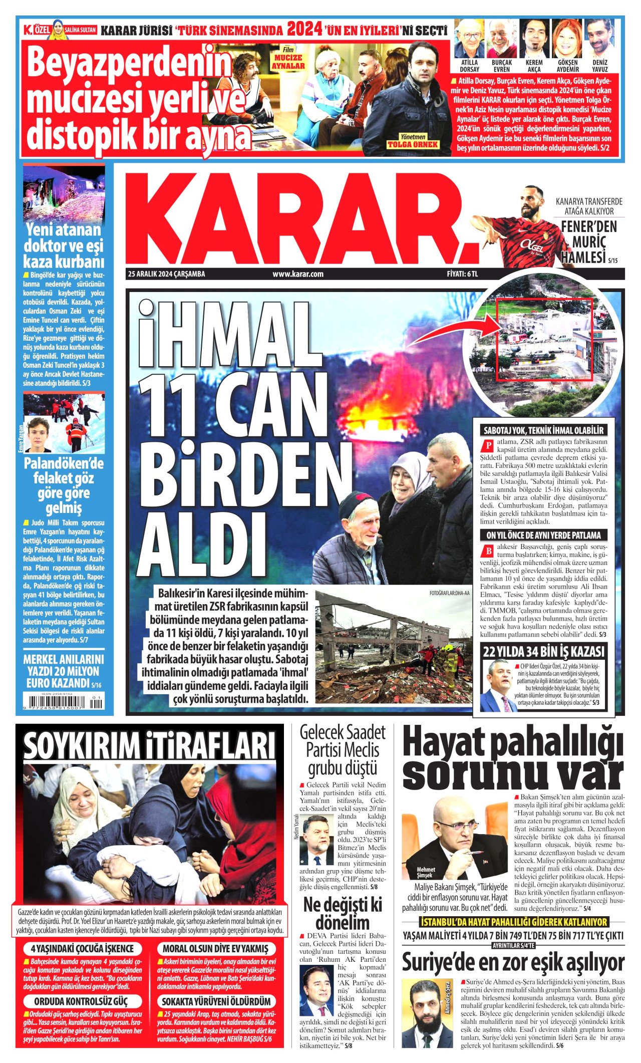 KARAR gazetesinin 25 Aralık 2024 tarihli birinci sayfası