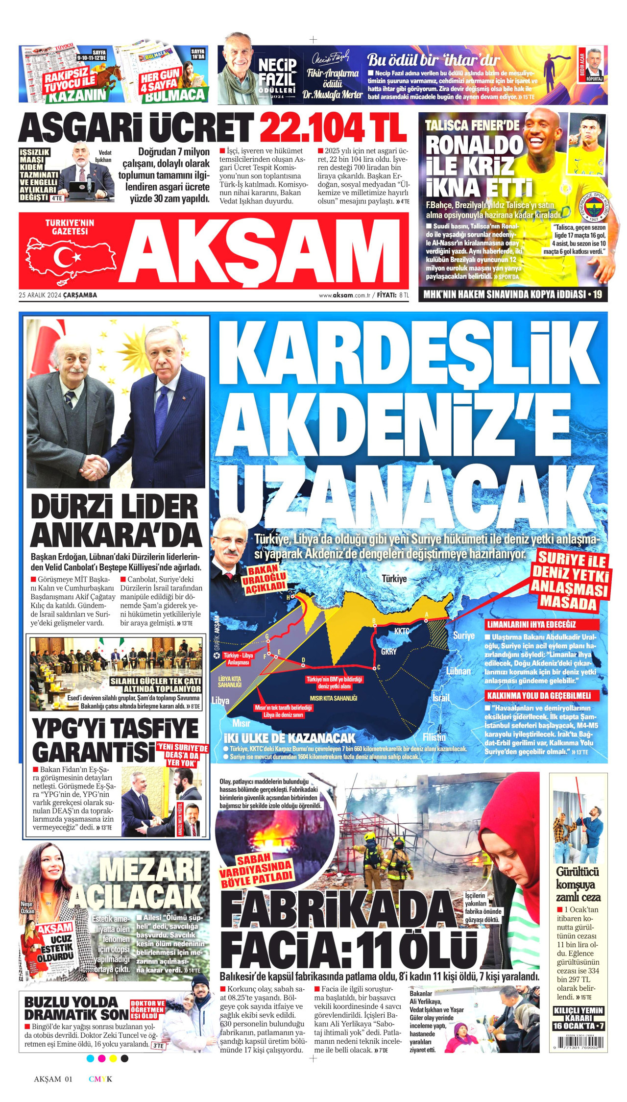 AKŞAM gazetesinin 25 Aralık 2024 tarihli birinci sayfası