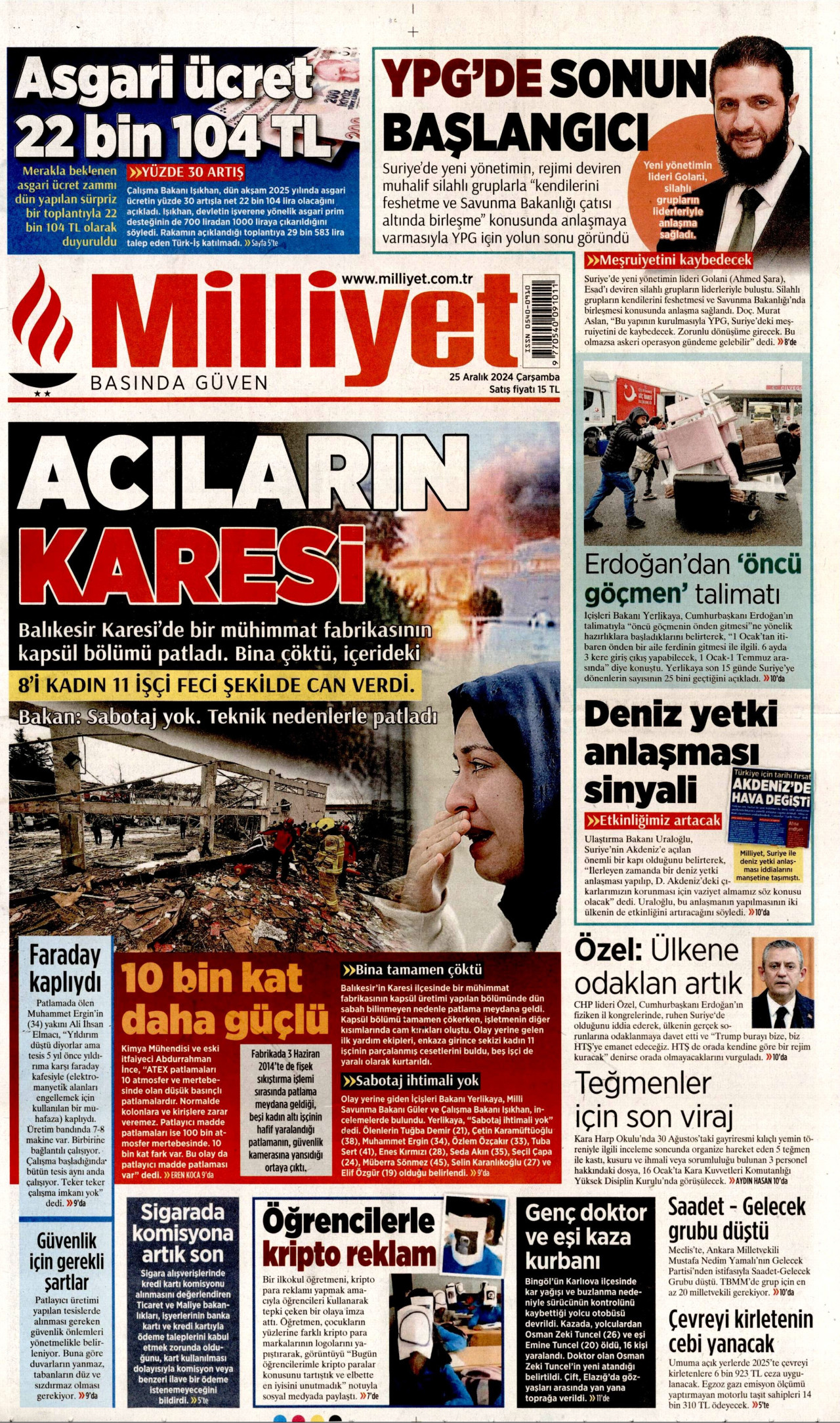 MİLLİYET gazetesinin 25 Aralık 2024 tarihli birinci sayfası