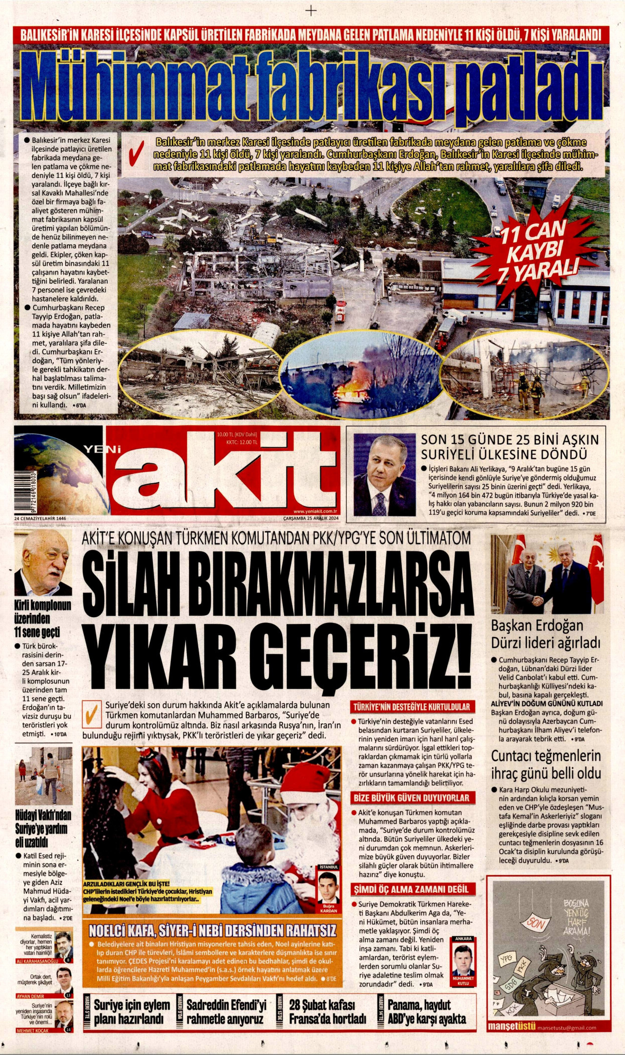 YENİ AKİT gazetesinin 25 Aralık 2024 tarihli birinci sayfası