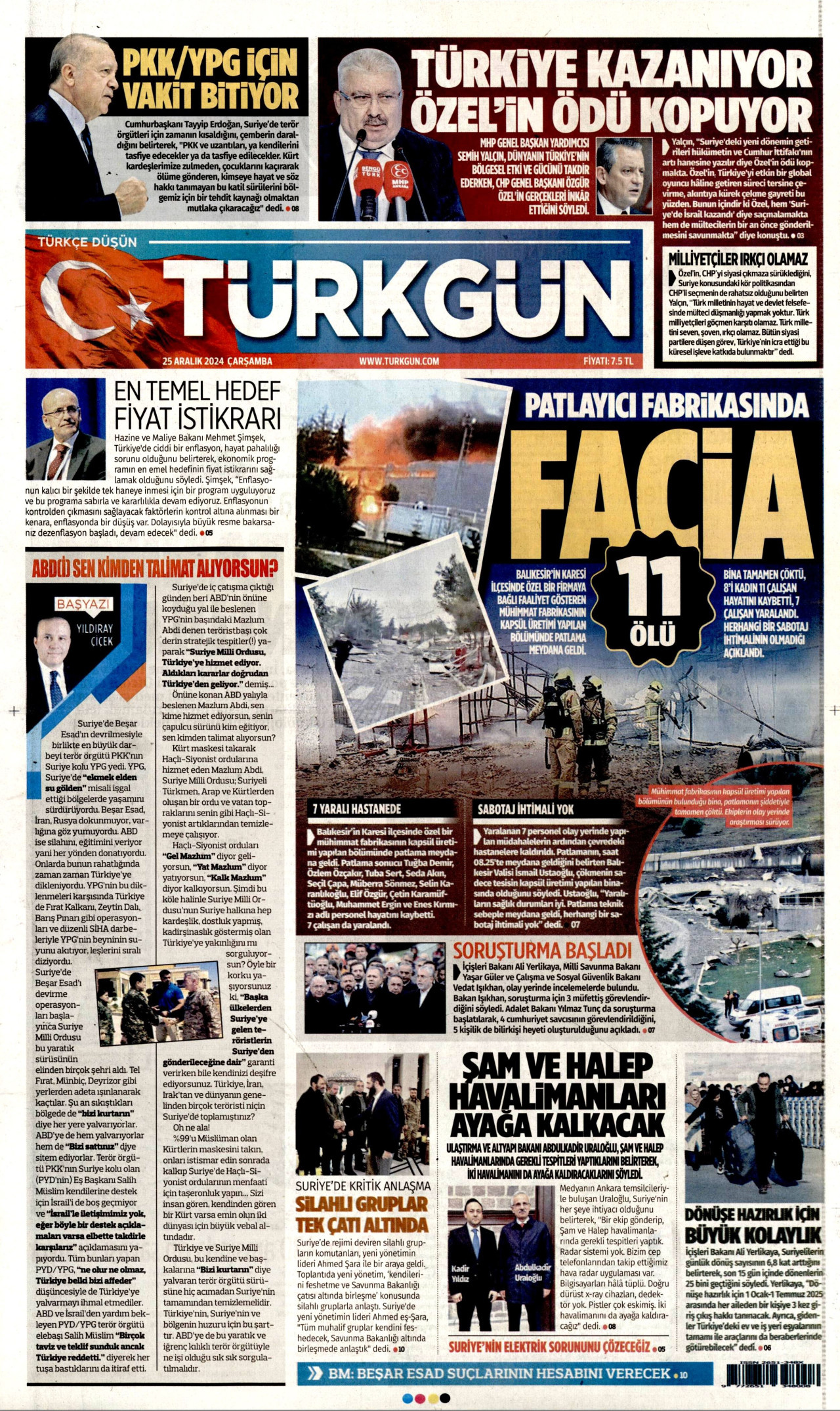 TÜRKGÜN gazetesinin 25 Aralık 2024 tarihli birinci sayfası