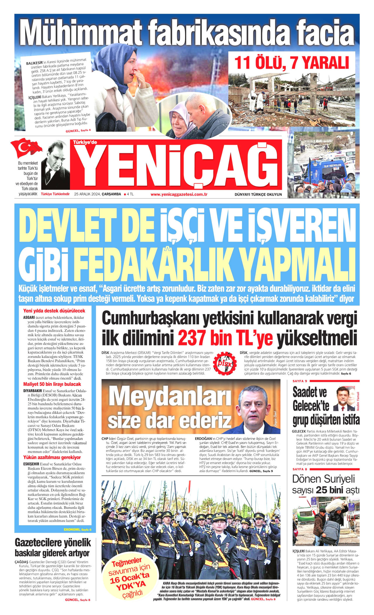 YENİÇAĞ gazetesinin 25 Aralık 2024 tarihli birinci sayfası